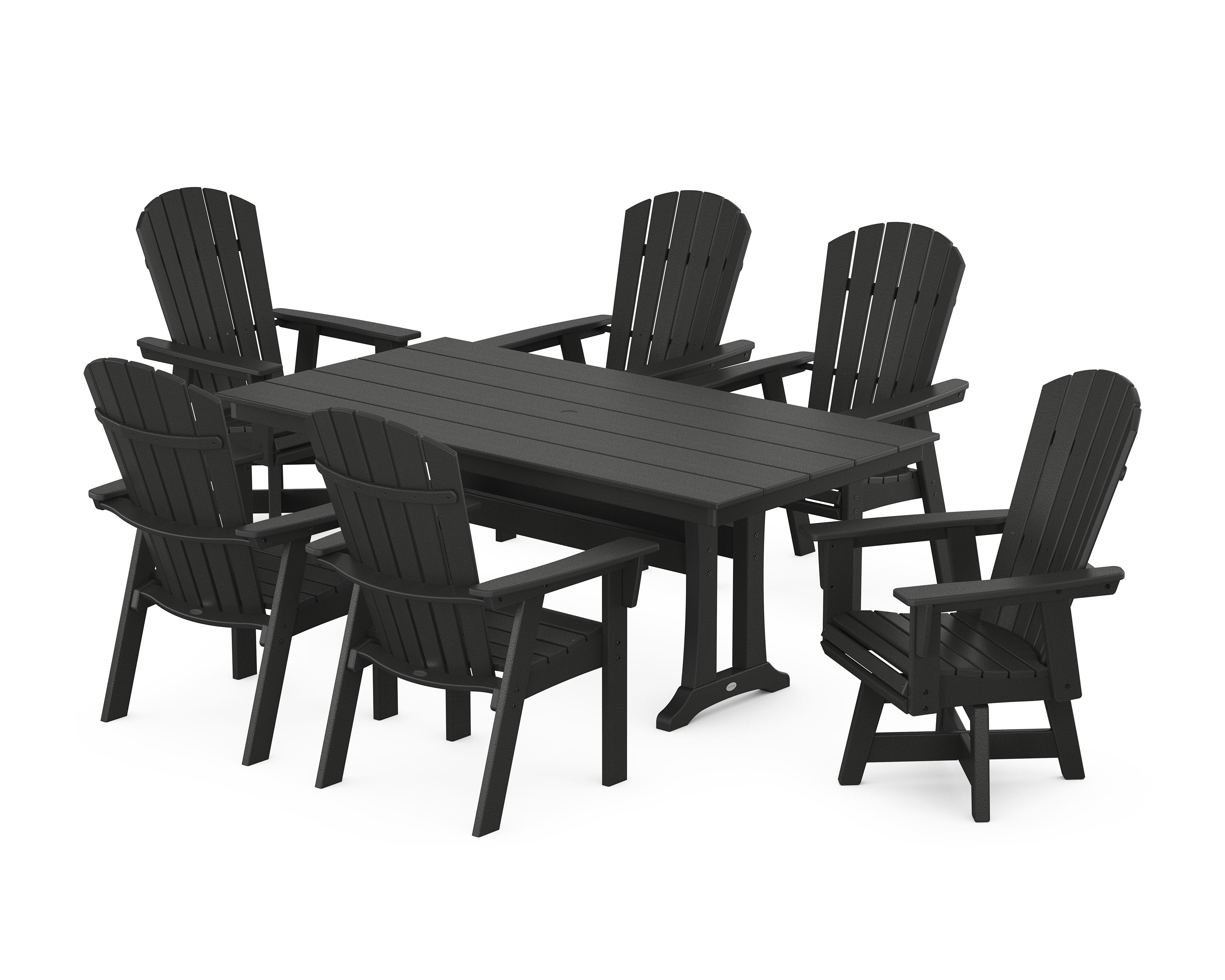 Nautical Curveback Adirondack Swivel Chair 7-Piece Farmhouse Dining Set With Trestle Legs in Black
