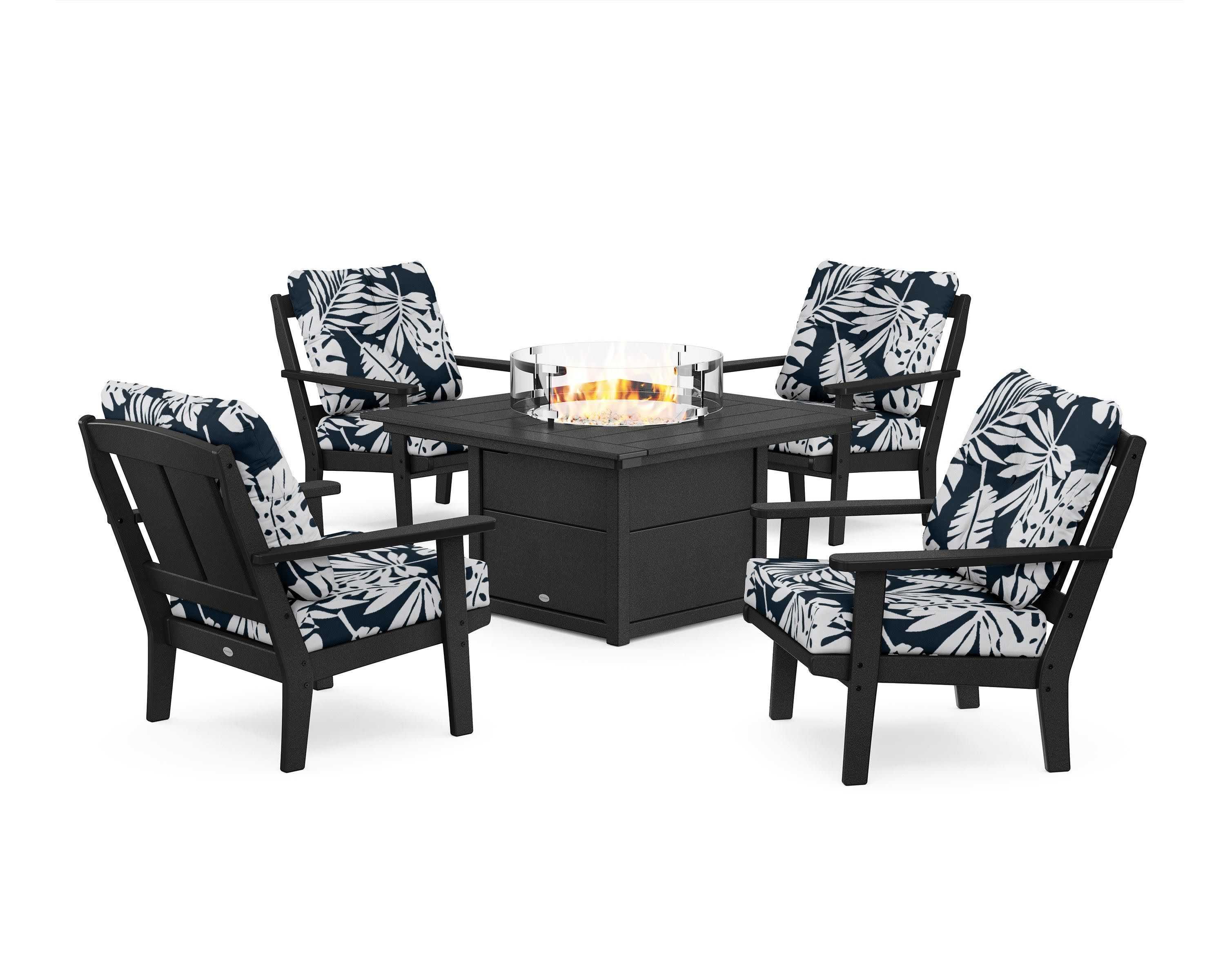 Mission 5-Piece Deep Seating Set with Fire Pit Table in Black / Leaf Marine Indigo