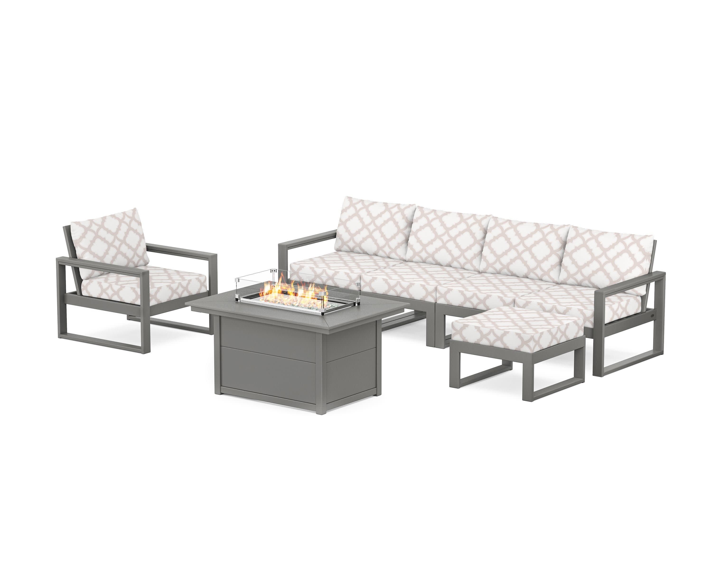 EDGE Sectional Lounge and Fire Pit Set in Slate Grey / Trellis Dune Burlap