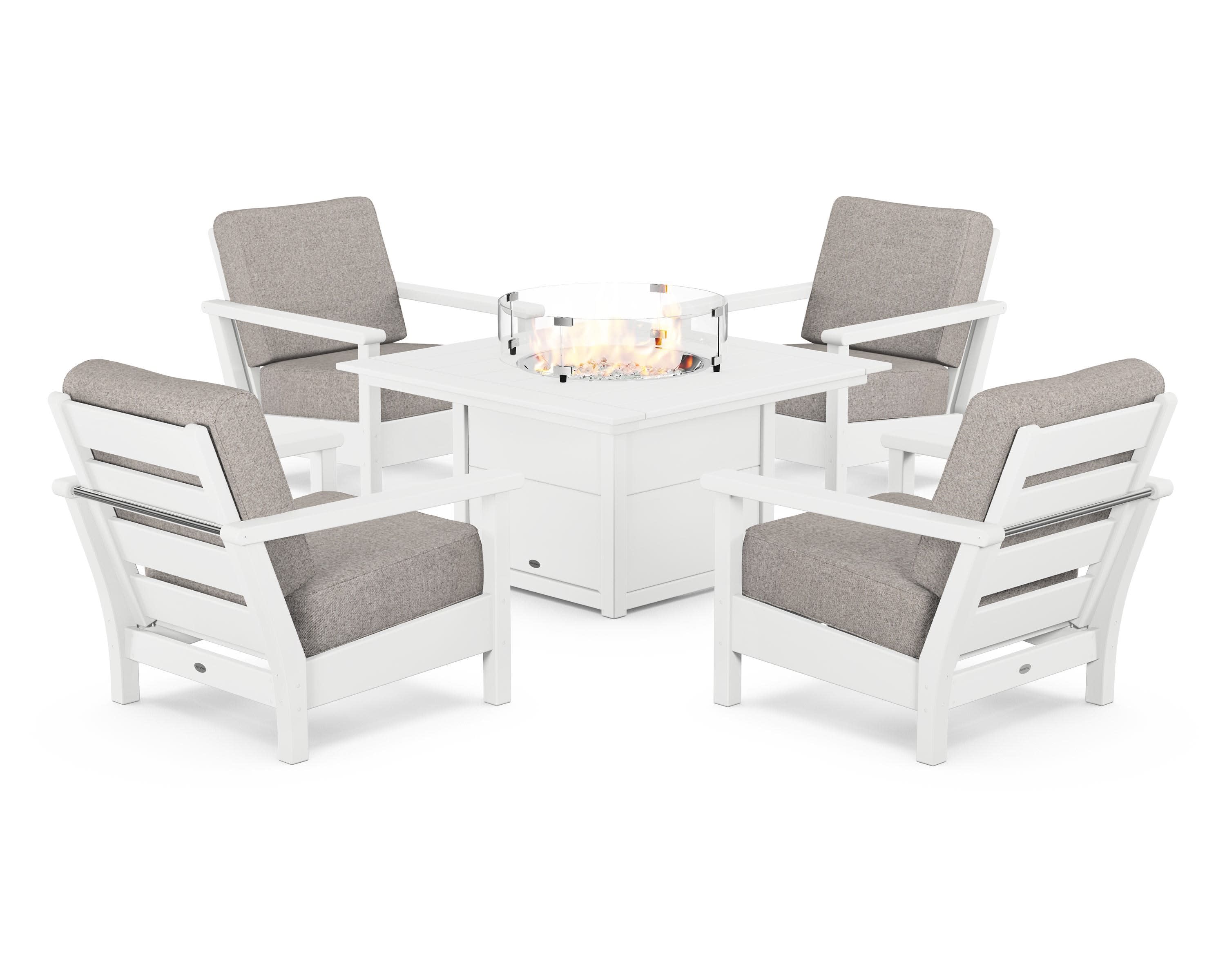 Harbour 5-Piece Conversation Set with Fire Pit Table in White / Weathered Tweed