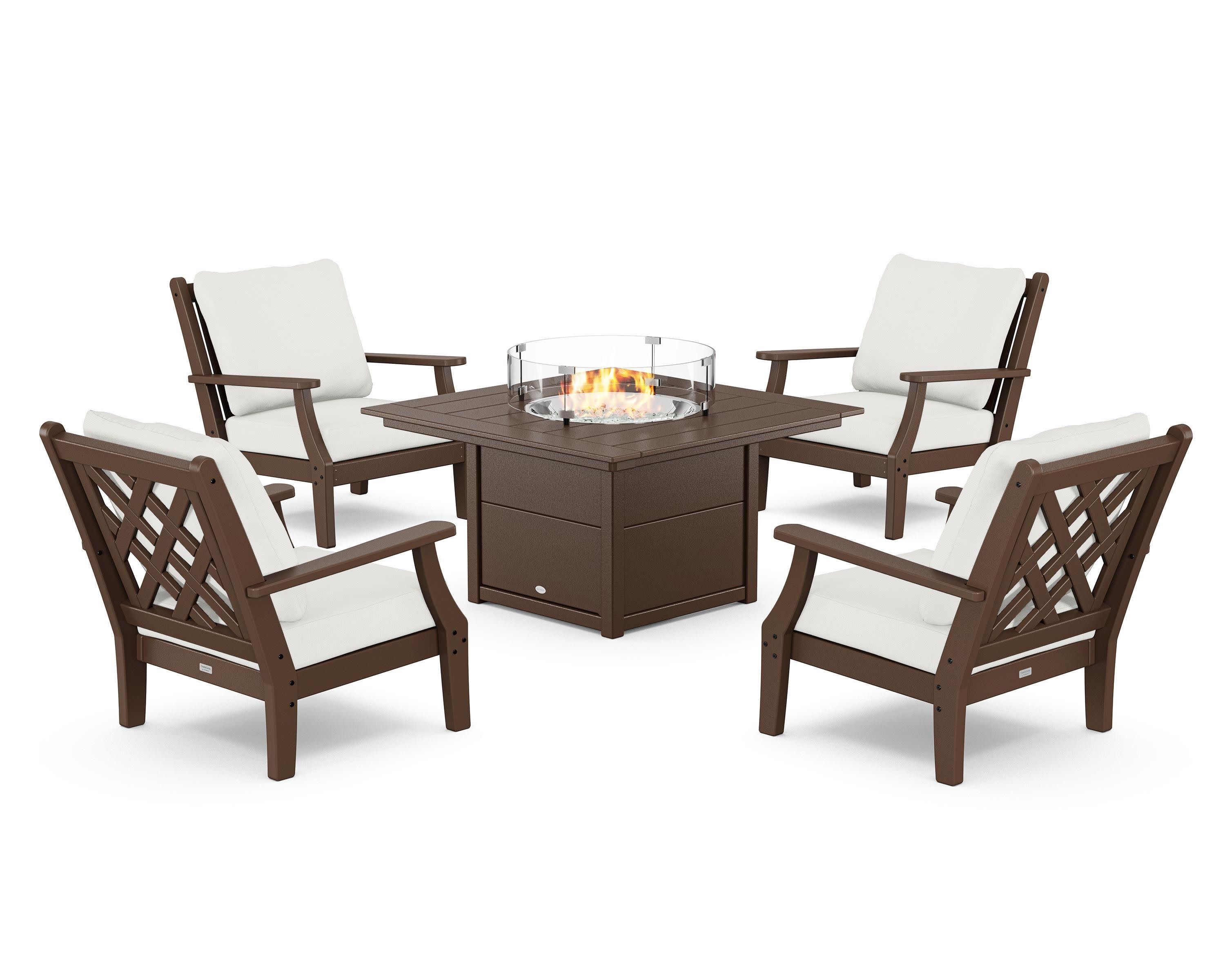 Wovendale 5-Piece Deep Seating Set with Fire Pit Table in Mahogany / Natural Linen