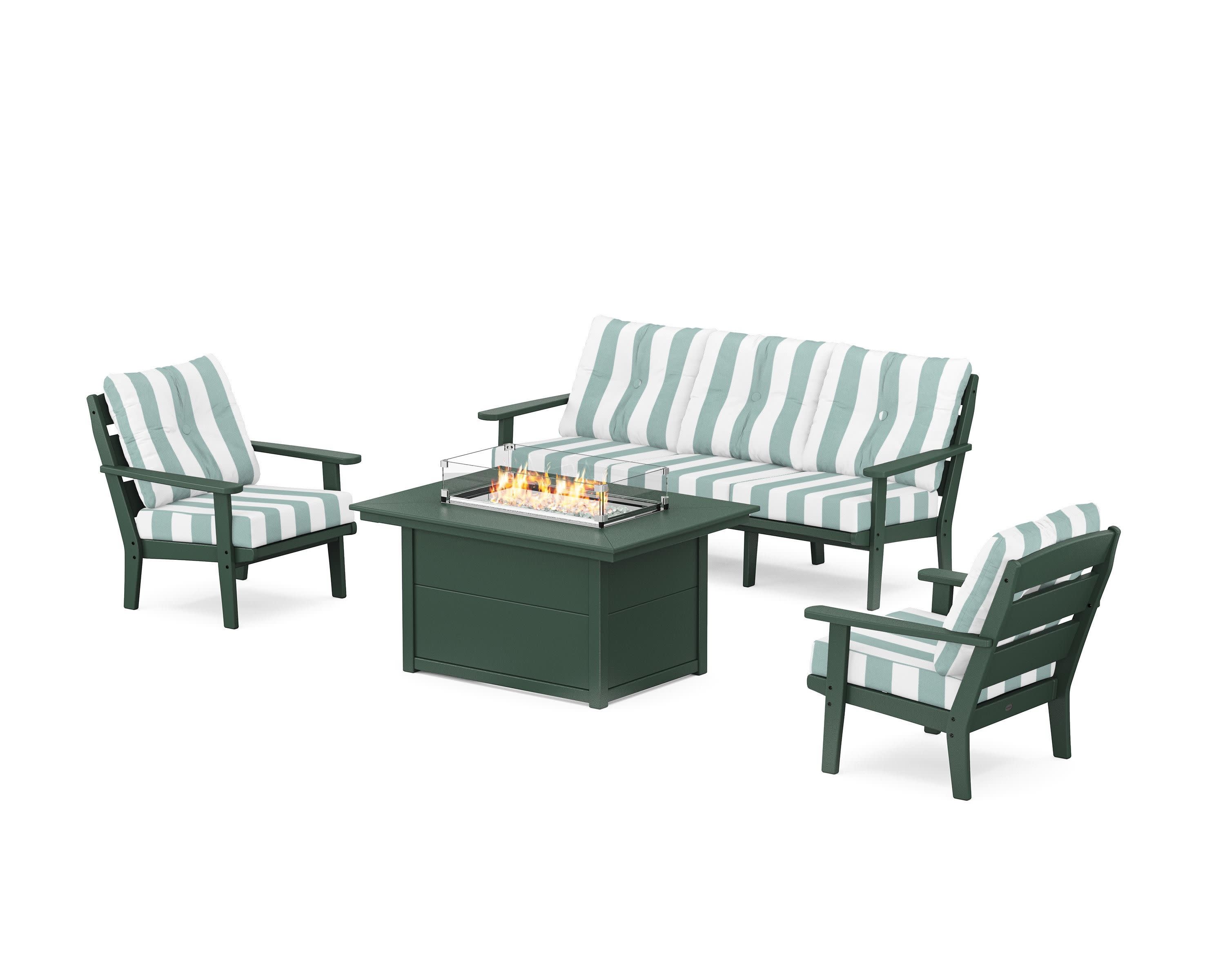 Lakeside Deep Seating Fire Pit Table Set in Green / Cabana Stripe Glacier Spa