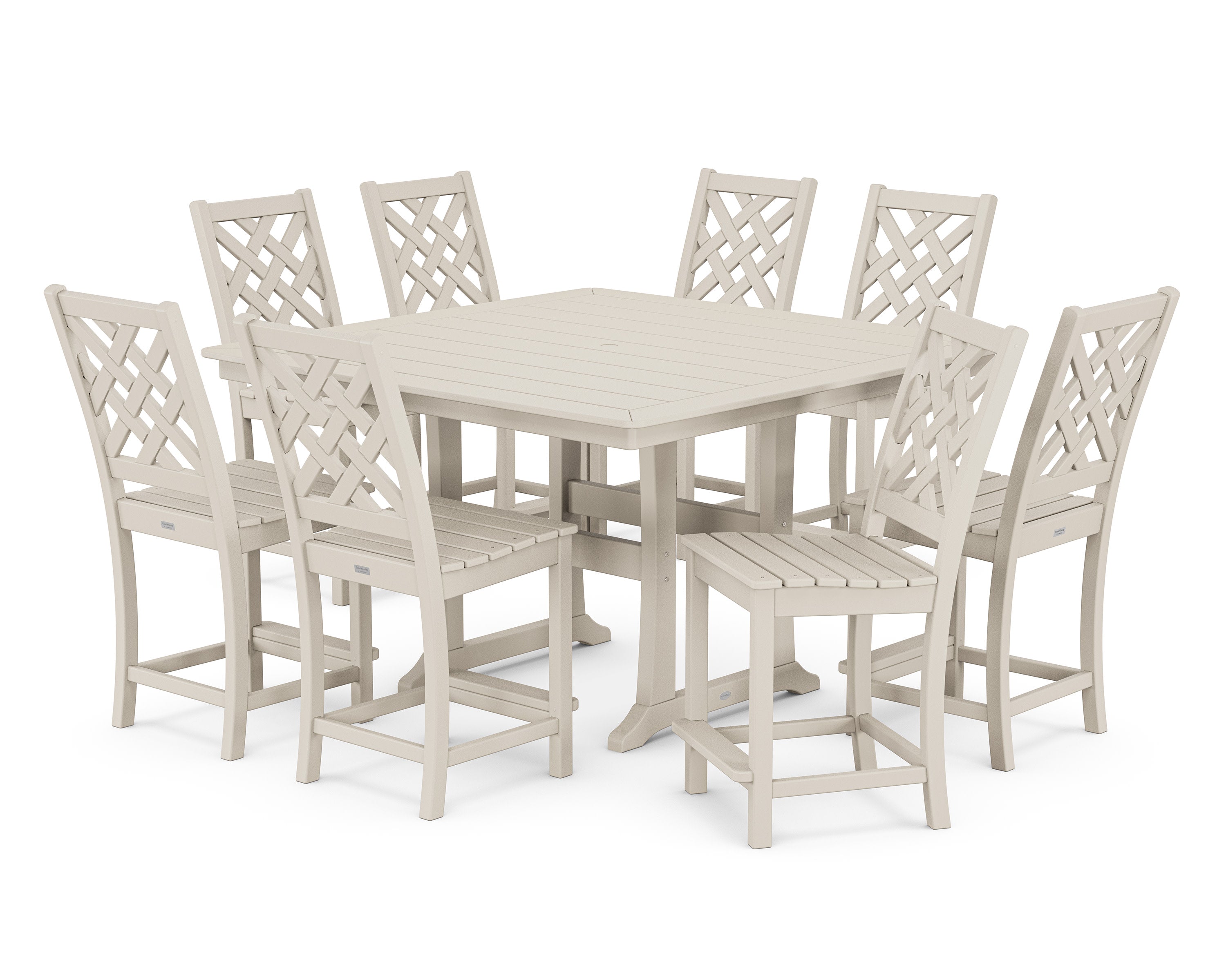 Wovendale Side Chair 9-Piece Square Counter Set with Trestle Legs in Sand