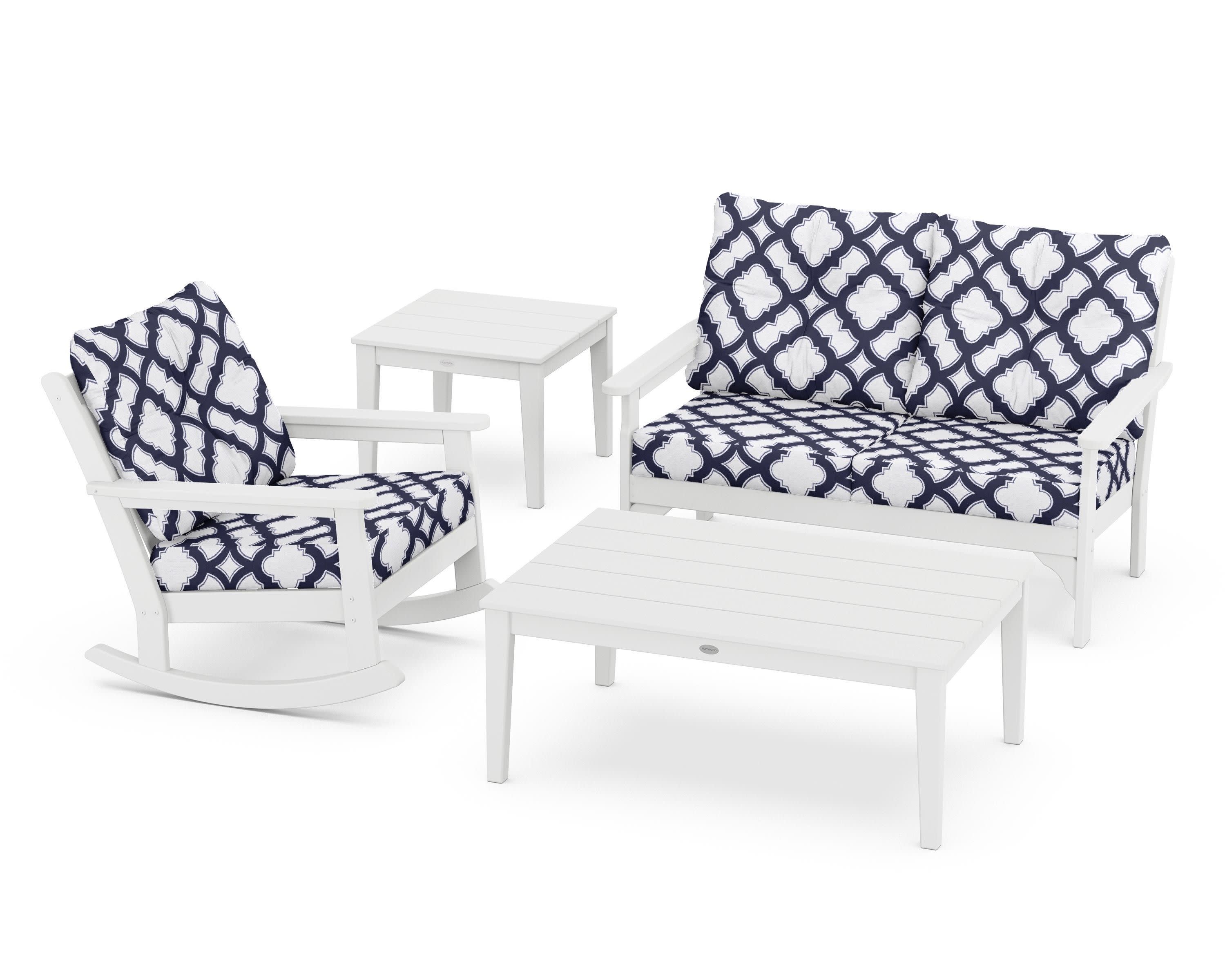 Vineyard 4-Piece Deep Seating Rocker Set in White / Trellis Navy