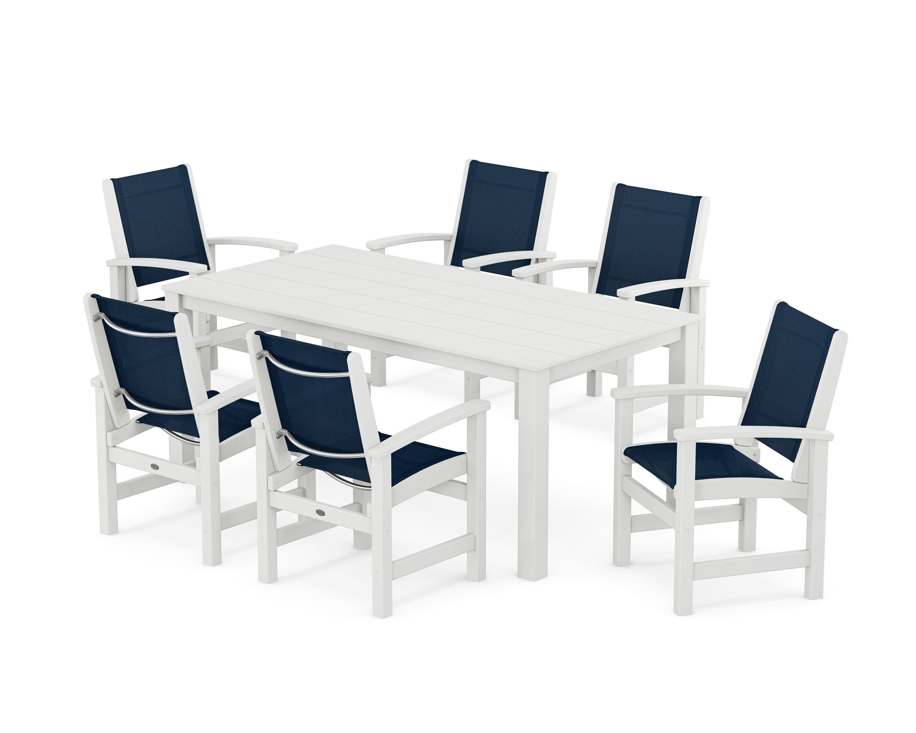 Coastal 7-Piece Parsons Dining Set in White / Navy Blue Sling