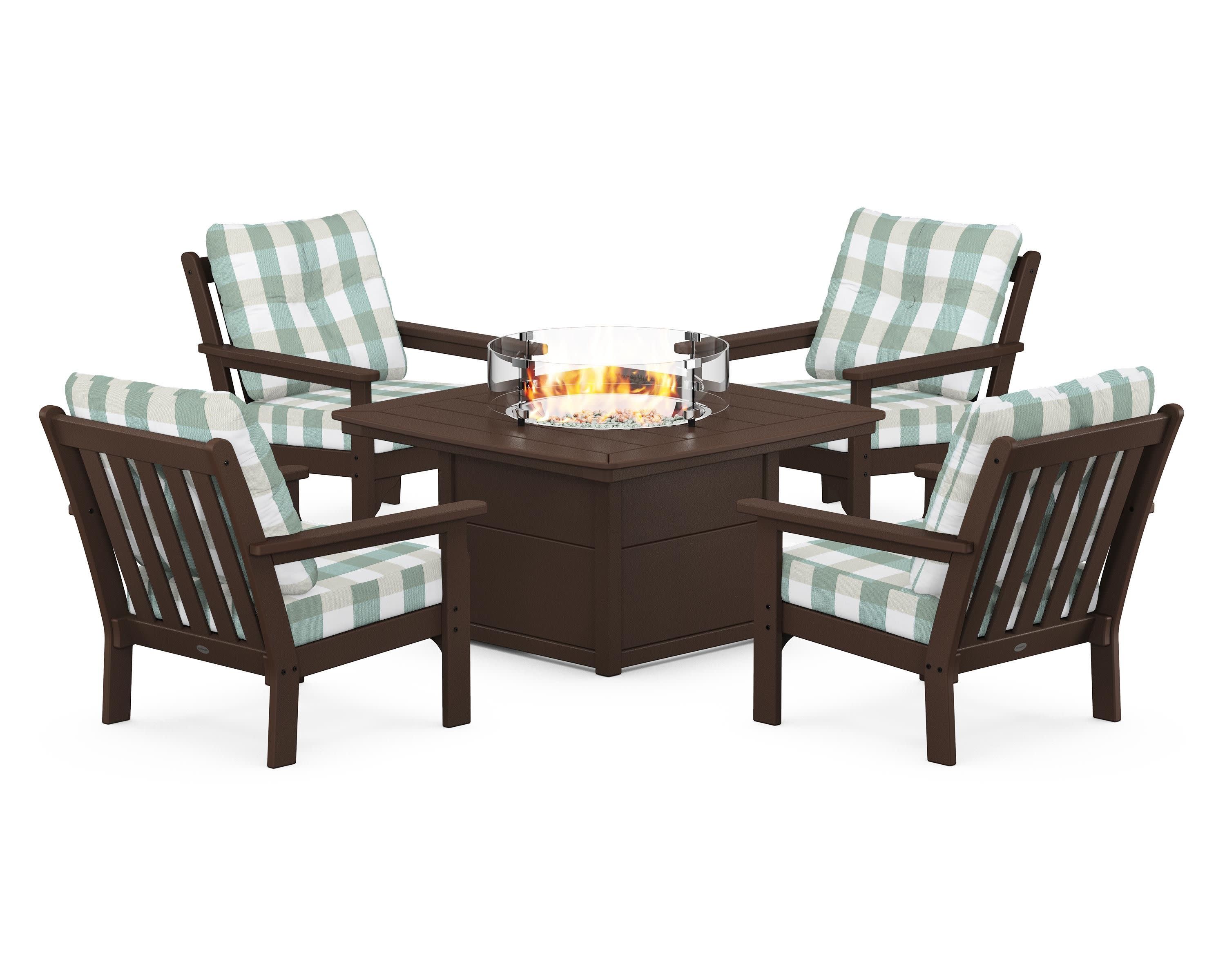 Vineyard 5-Piece Conversation Set with Fire Pit Table in Mahogany / Buffalo Plaid Glacier Spa