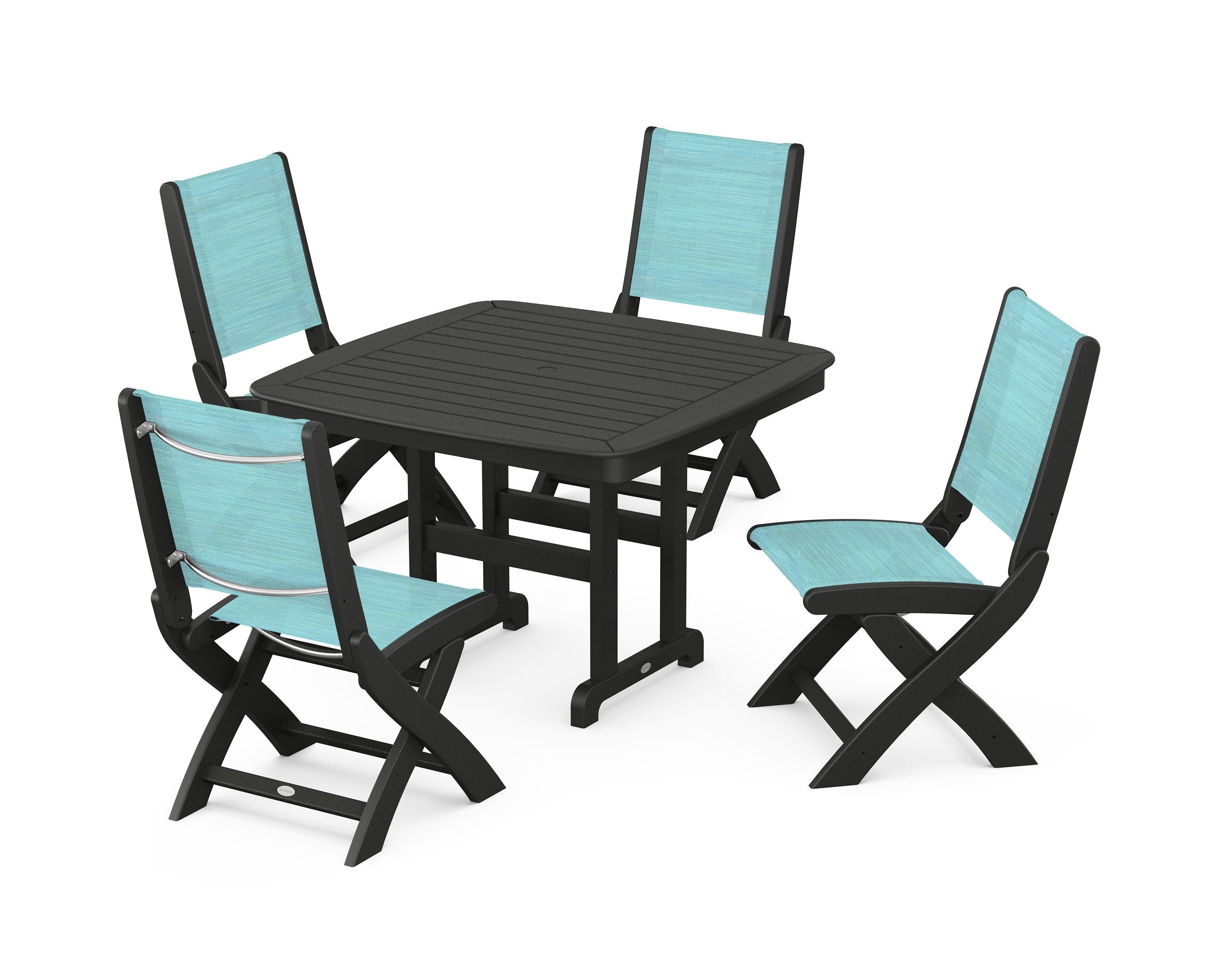 Coastal Folding Side Chair 5-Piece Dining Set in Black / Dupioni Aquamarine Sling