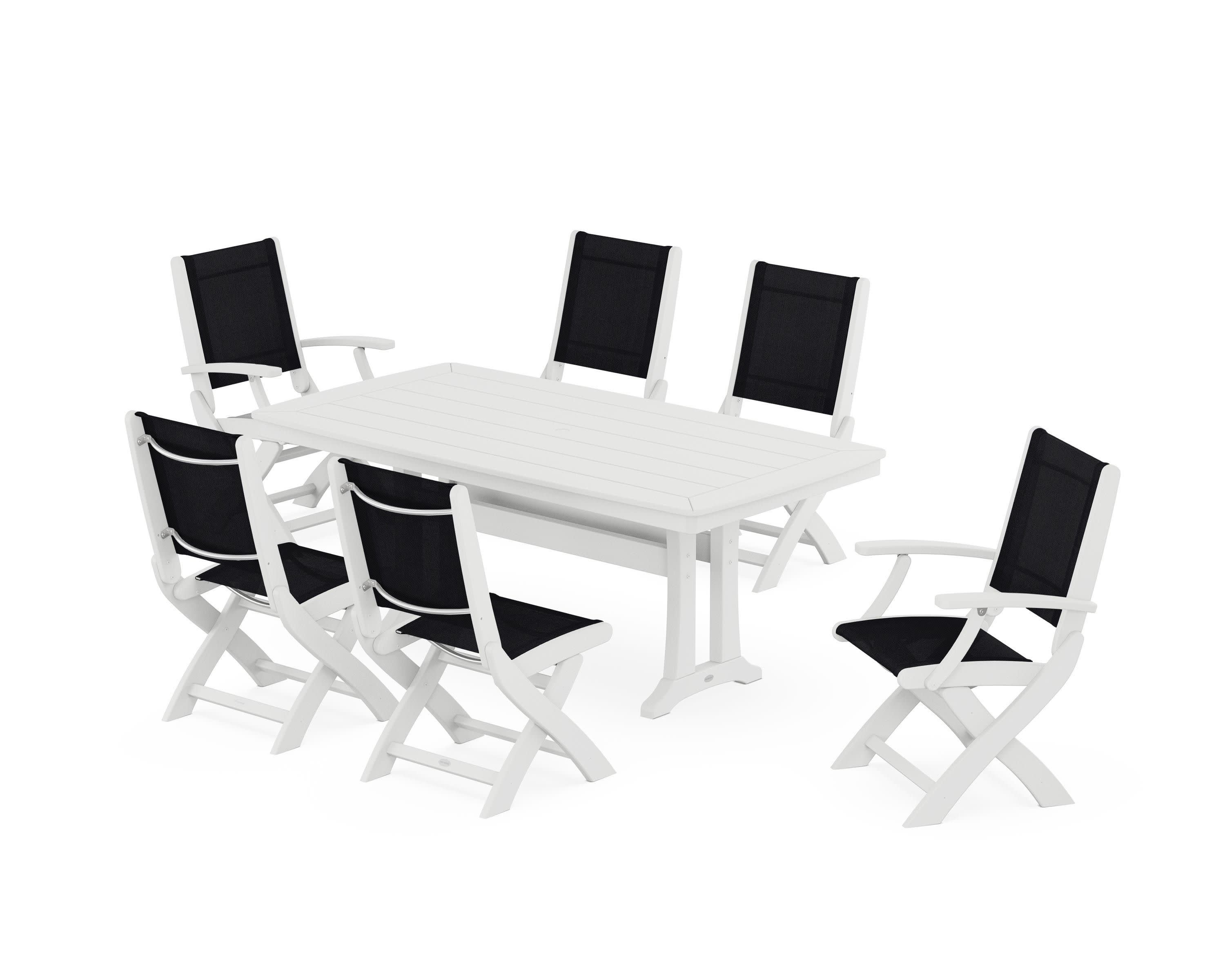 Coastal Folding Chair 7-Piece Dining Set with Trestle Legs in White / Black Sling