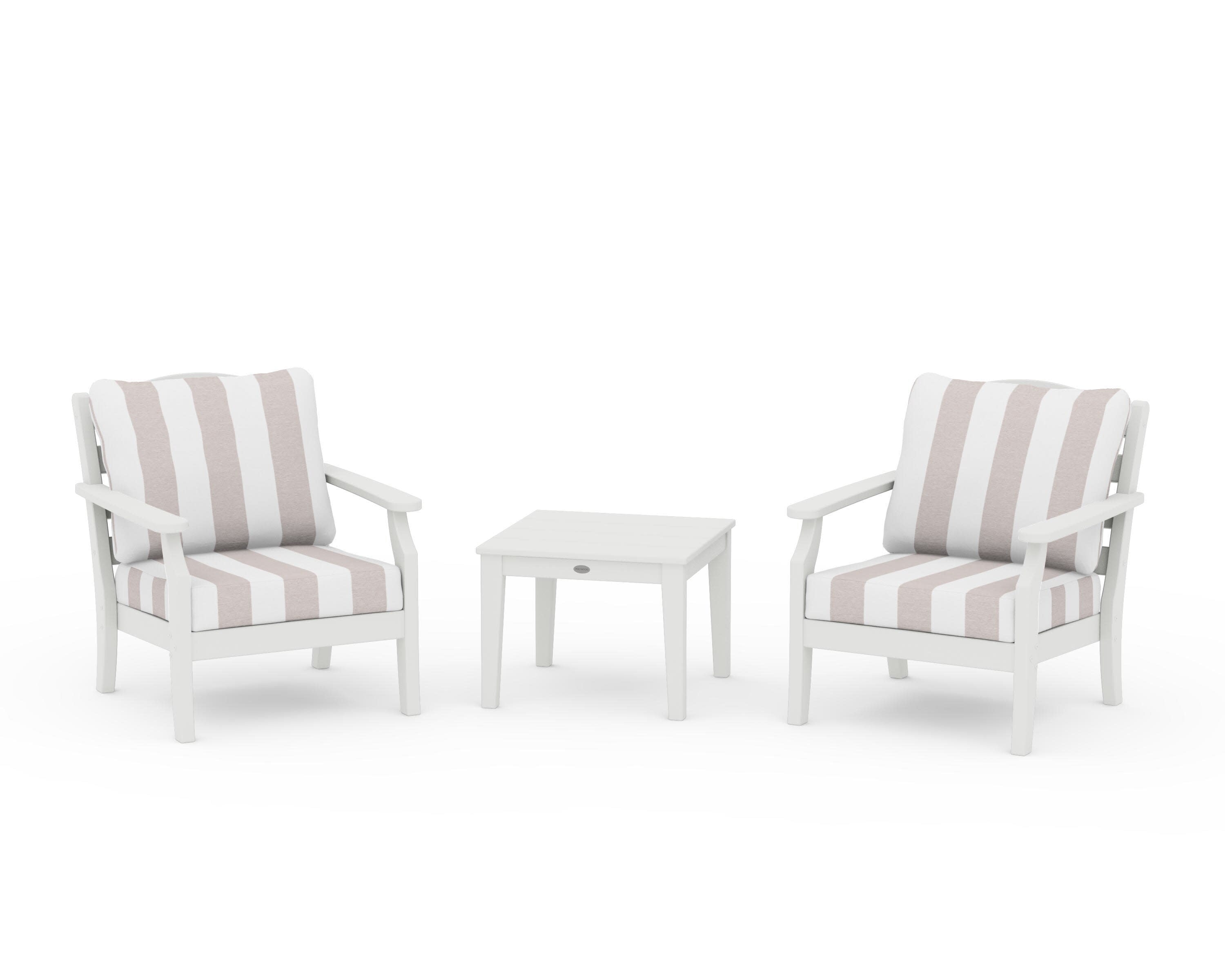 Savannah 3-Piece Deep Seating Set in Vintage White / Cabana Stripe Dune Burlap
