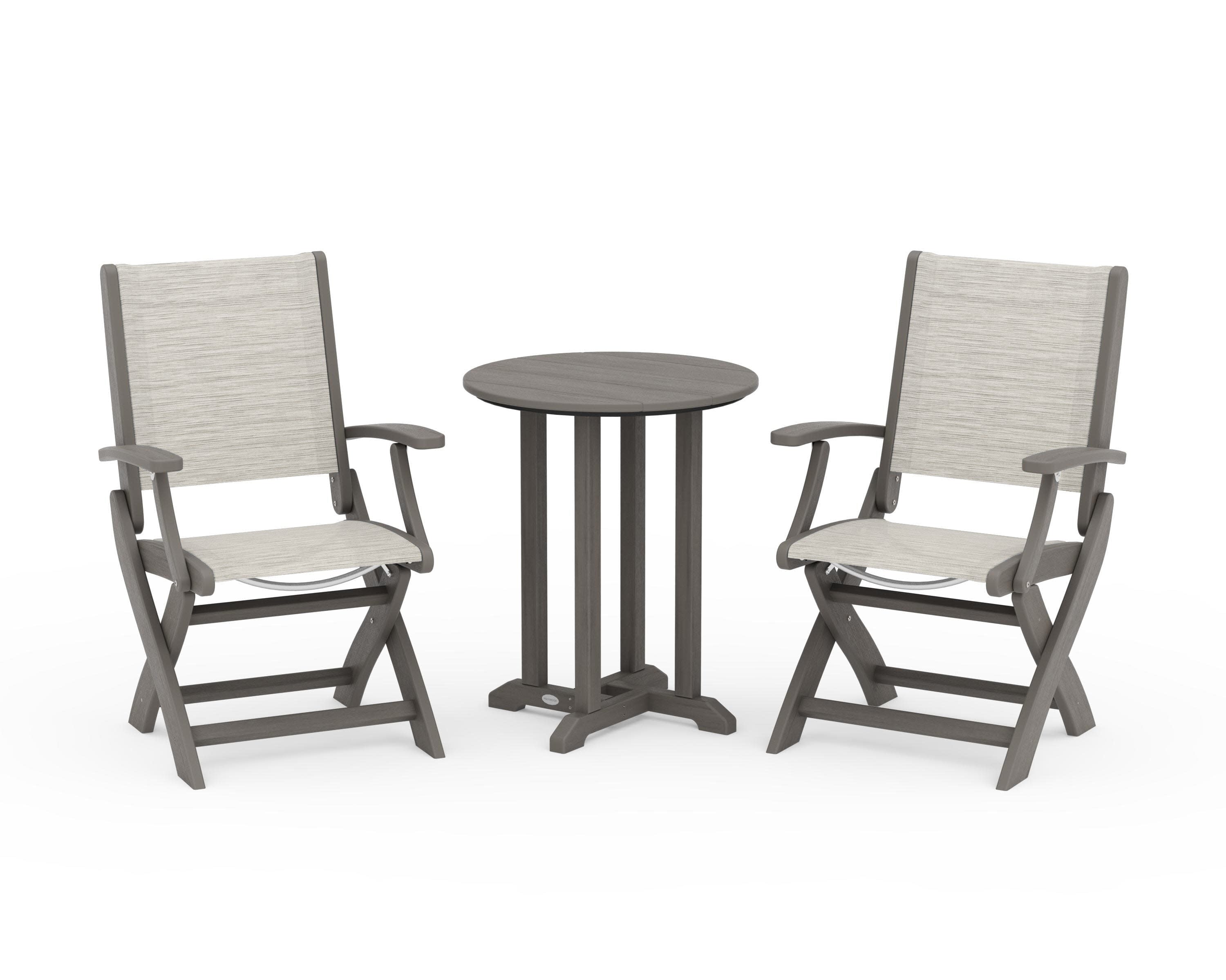 Coastal Folding 3-Piece Round Bistro Dining Set in Driftwood / Birch Sling