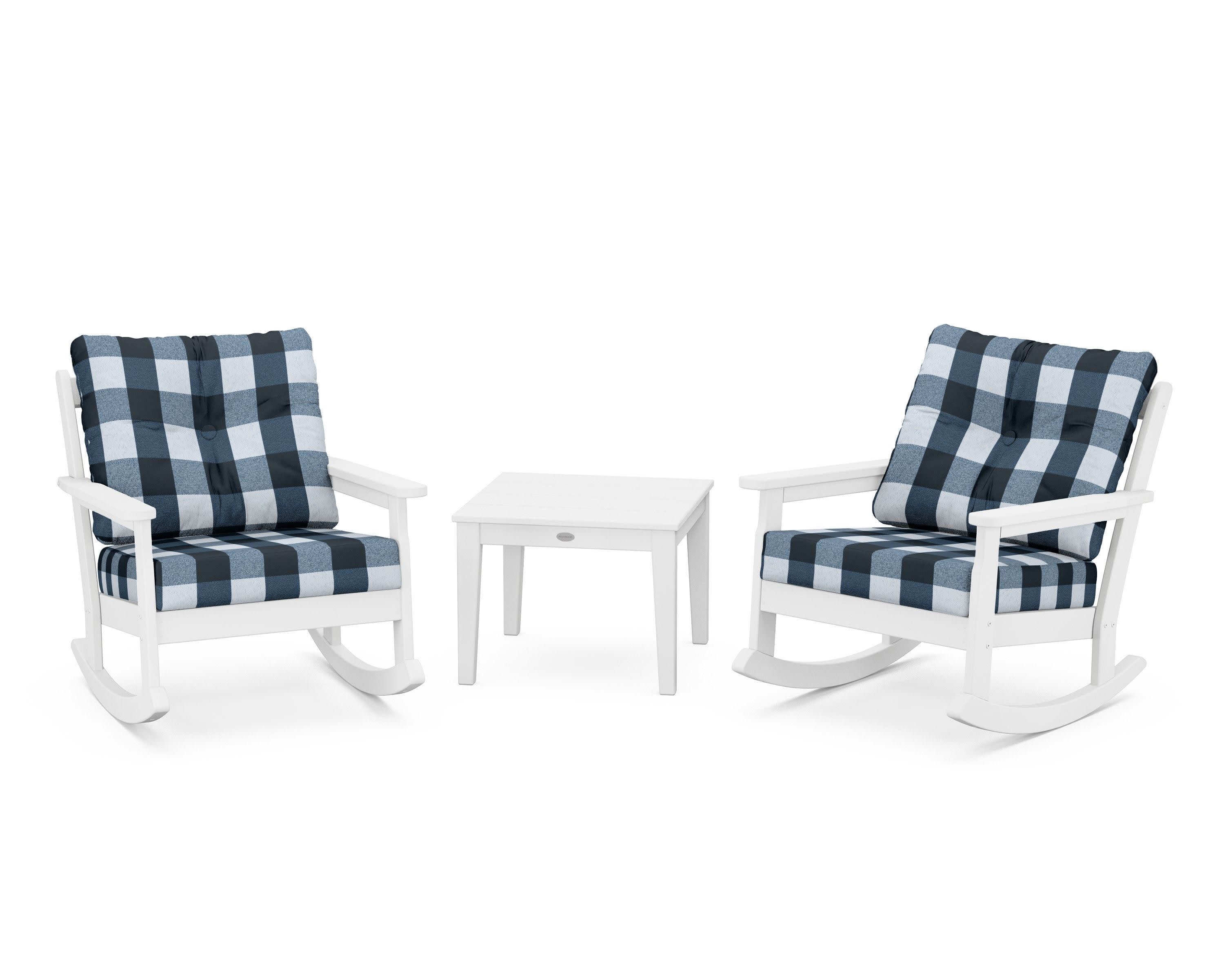 Vineyard 3-Piece Deep Seating Rocker Set in White / Buffalo Plaid Marine Indigo