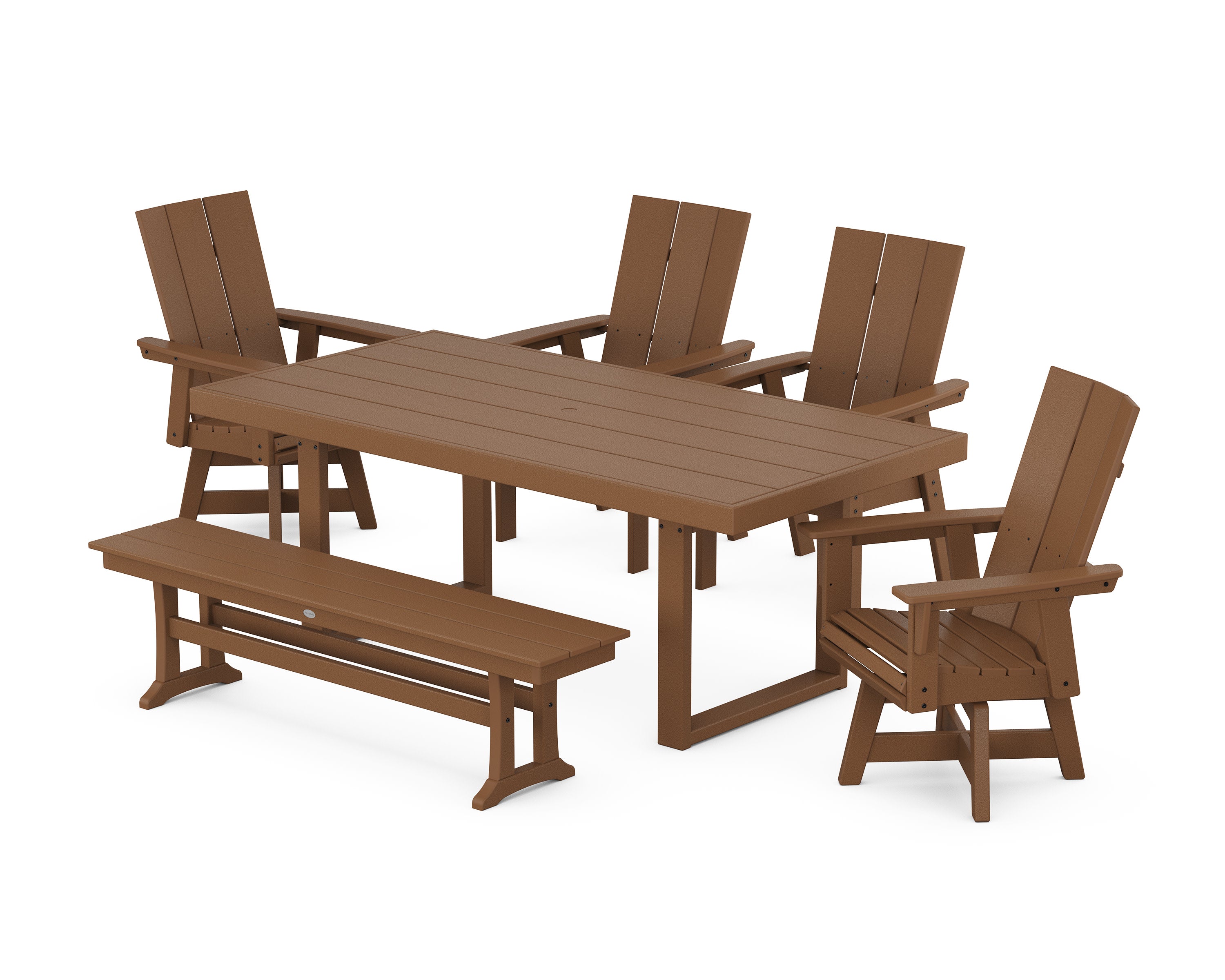 Modern Curveback Adirondack Swivel Chair 6-Piece Dining Set with Bench in Teak