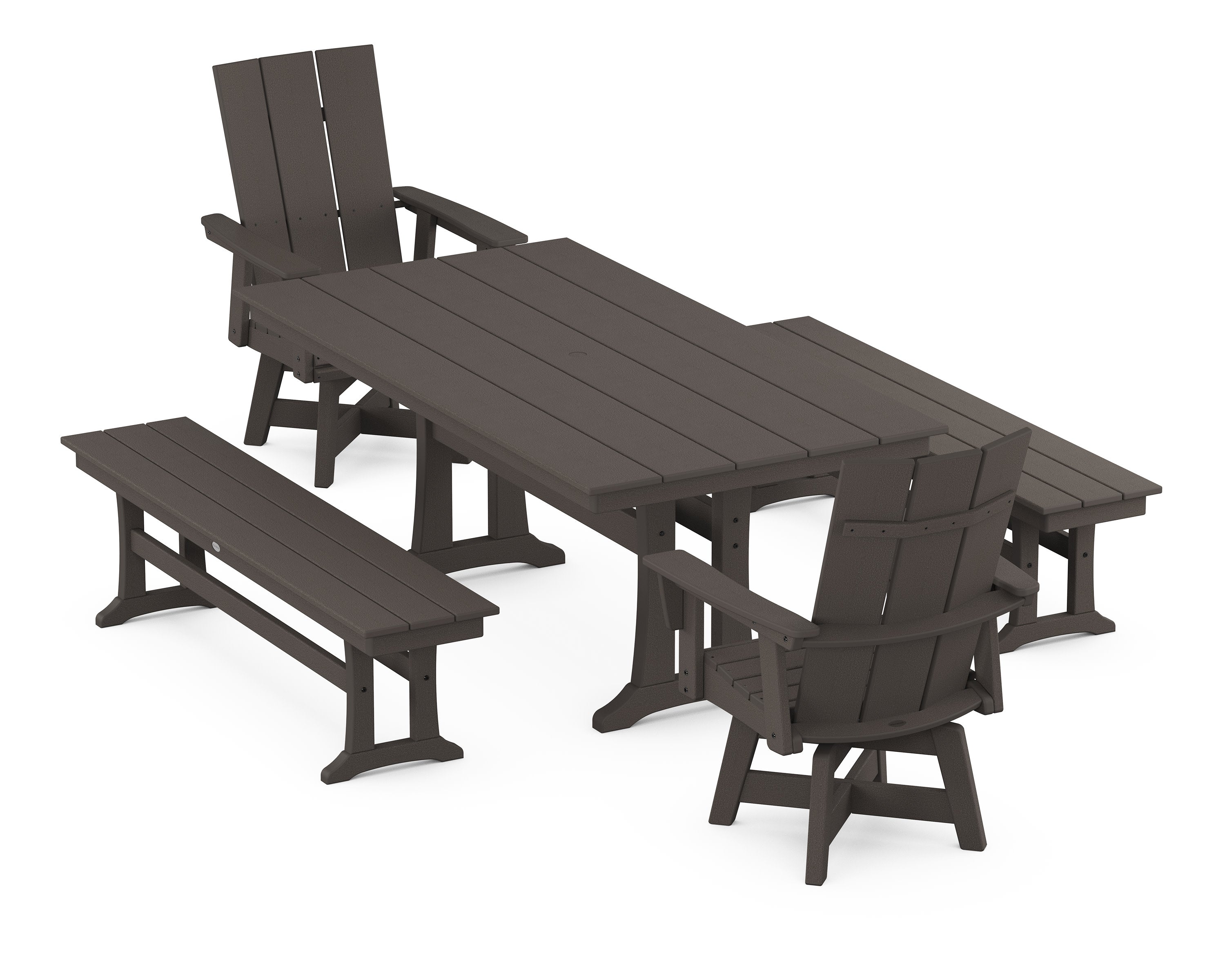 Modern Curveback Adirondack Swivel Chair 5-Piece Farmhouse Dining Set With Trestle Legs and Benches in Vintage Coffee