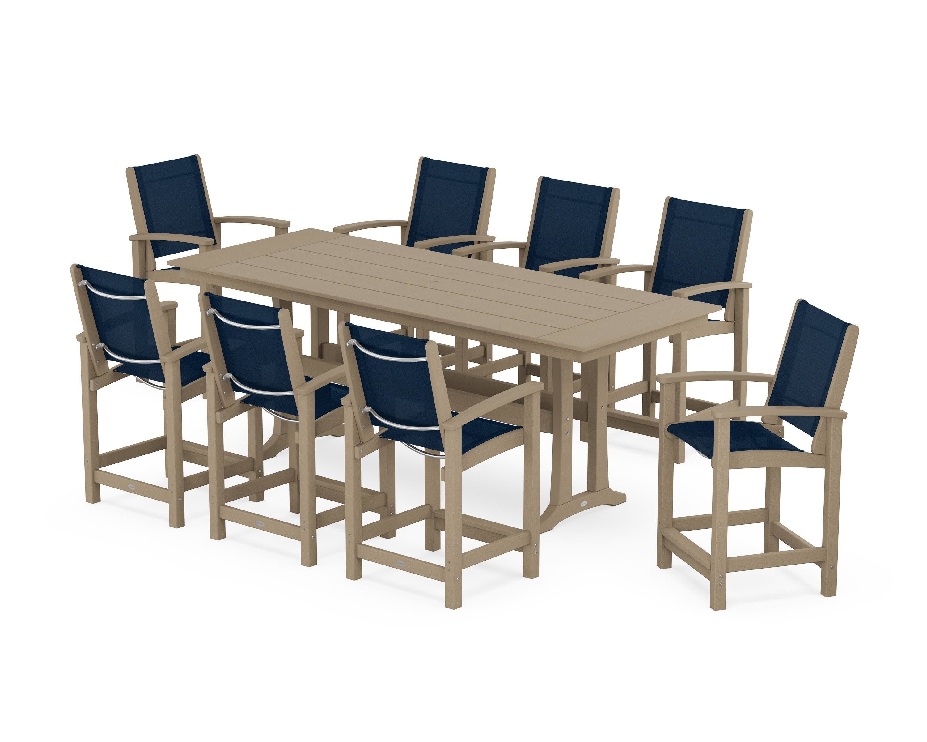 Coastal 9-Piece Farmhouse Counter Set with Trestle Legs in Vintage Sahara / Navy Blue Sling