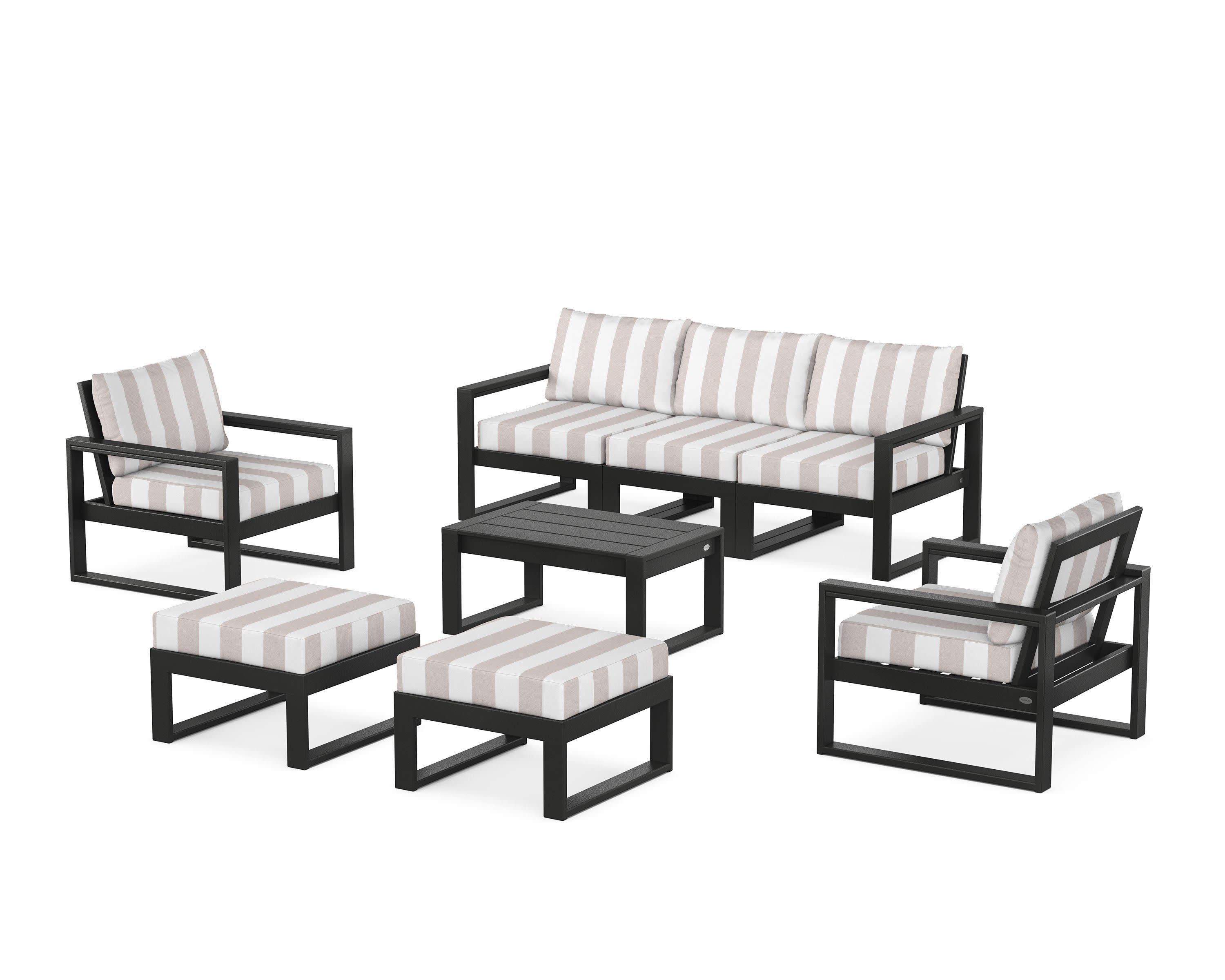 EDGE Sectional 8-Piece Lounge Sofa Set in Black / Cabana Stripe Dune Burlap