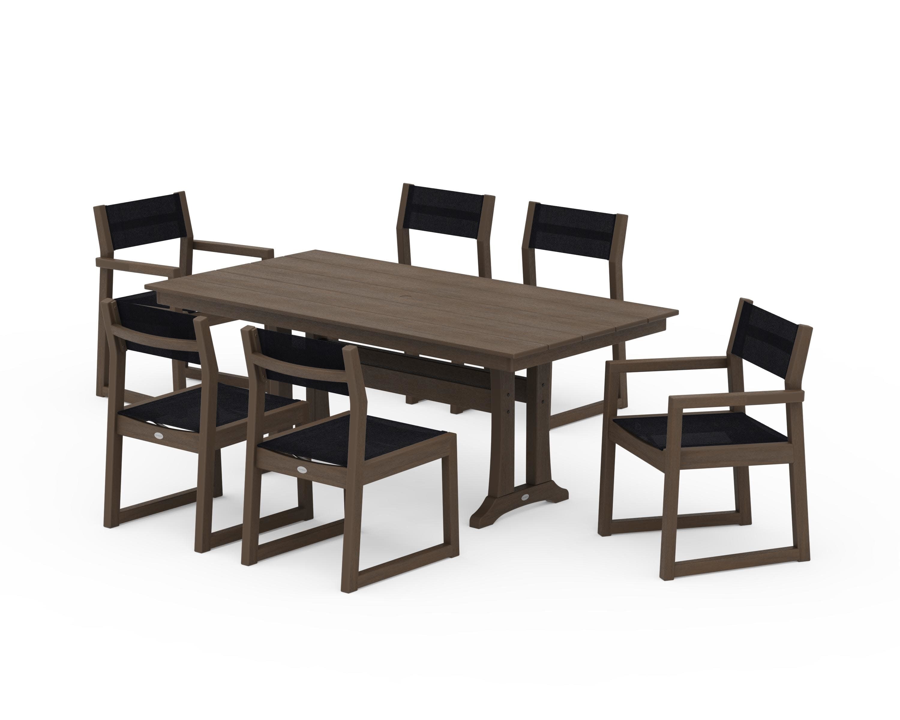 EDGE Sling 7-Piece Farmhouse Trestle Dining Set in Kona / Black Sling