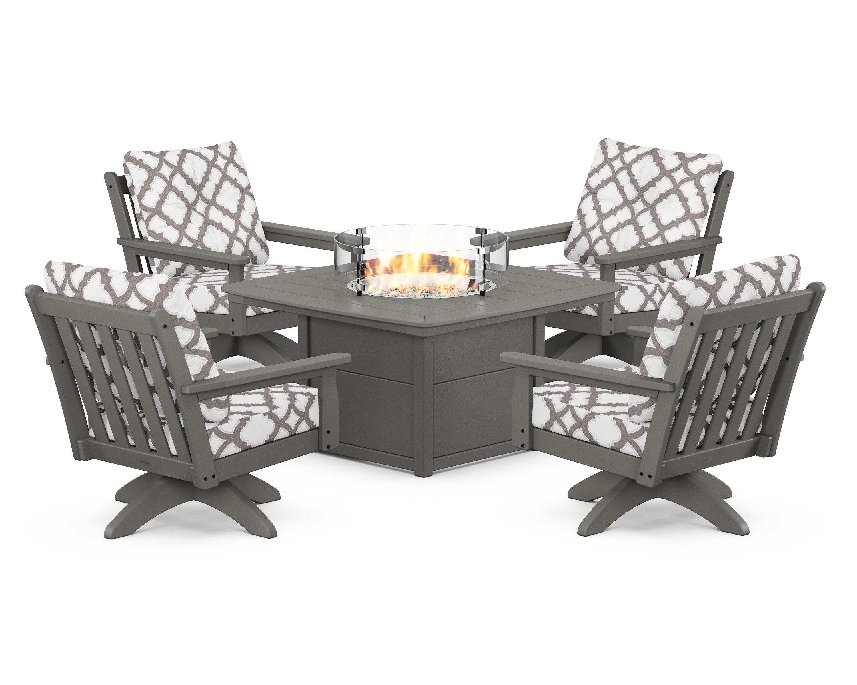 Vineyard 5-Piece Deep Seating Swivel Conversation Set with Fire Pit Table in Slate Grey / Trellis Grey Mist