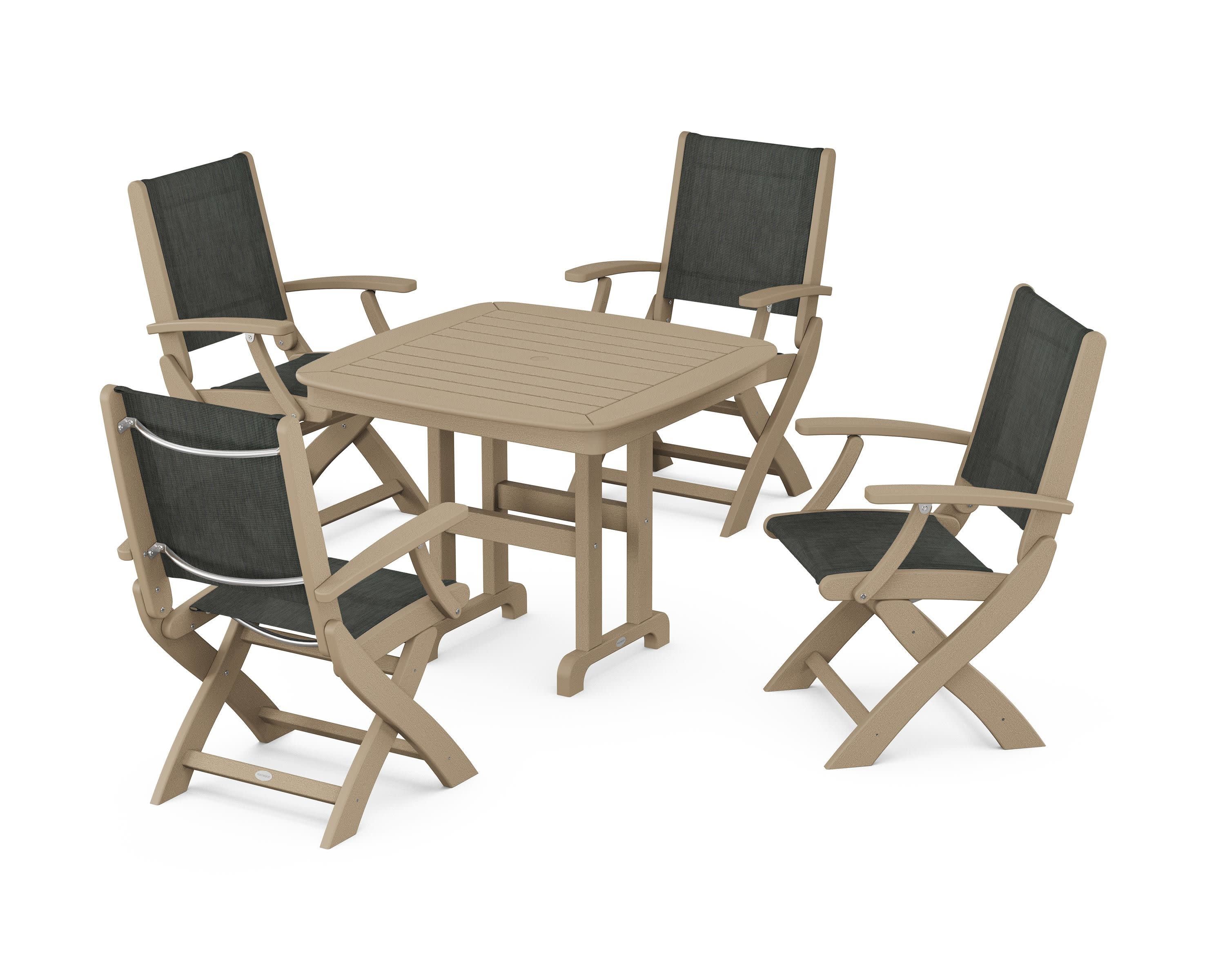 Coastal Folding Chair 5-Piece Dining Set in Vintage Sahara / Ember Sling