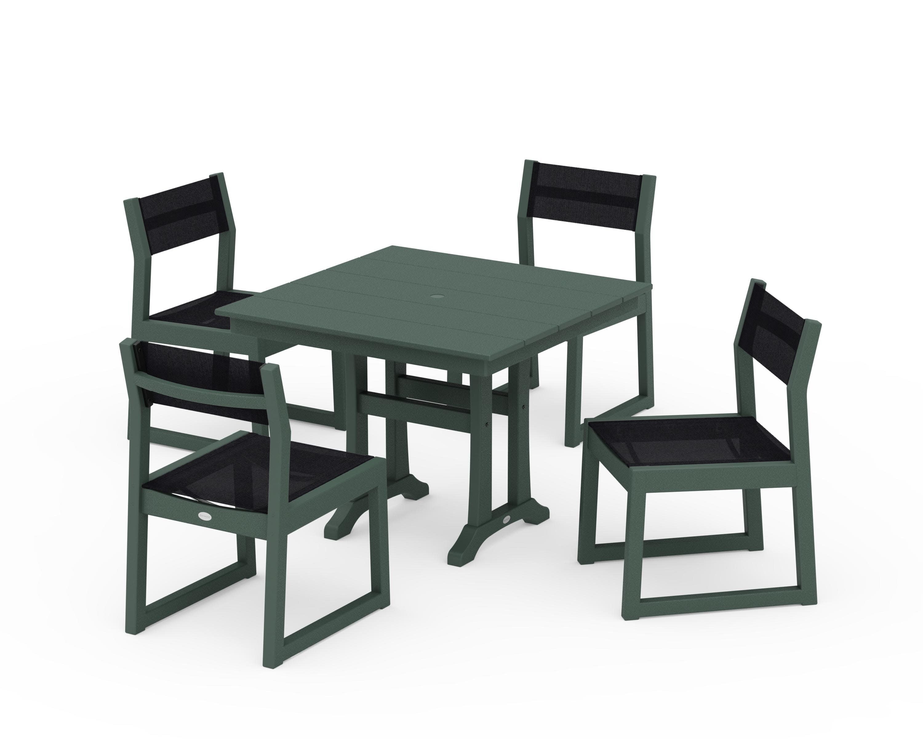 EDGE Sling 5-Piece Farmhouse Trestle Side Chair Dining Set in Green / Black Sling