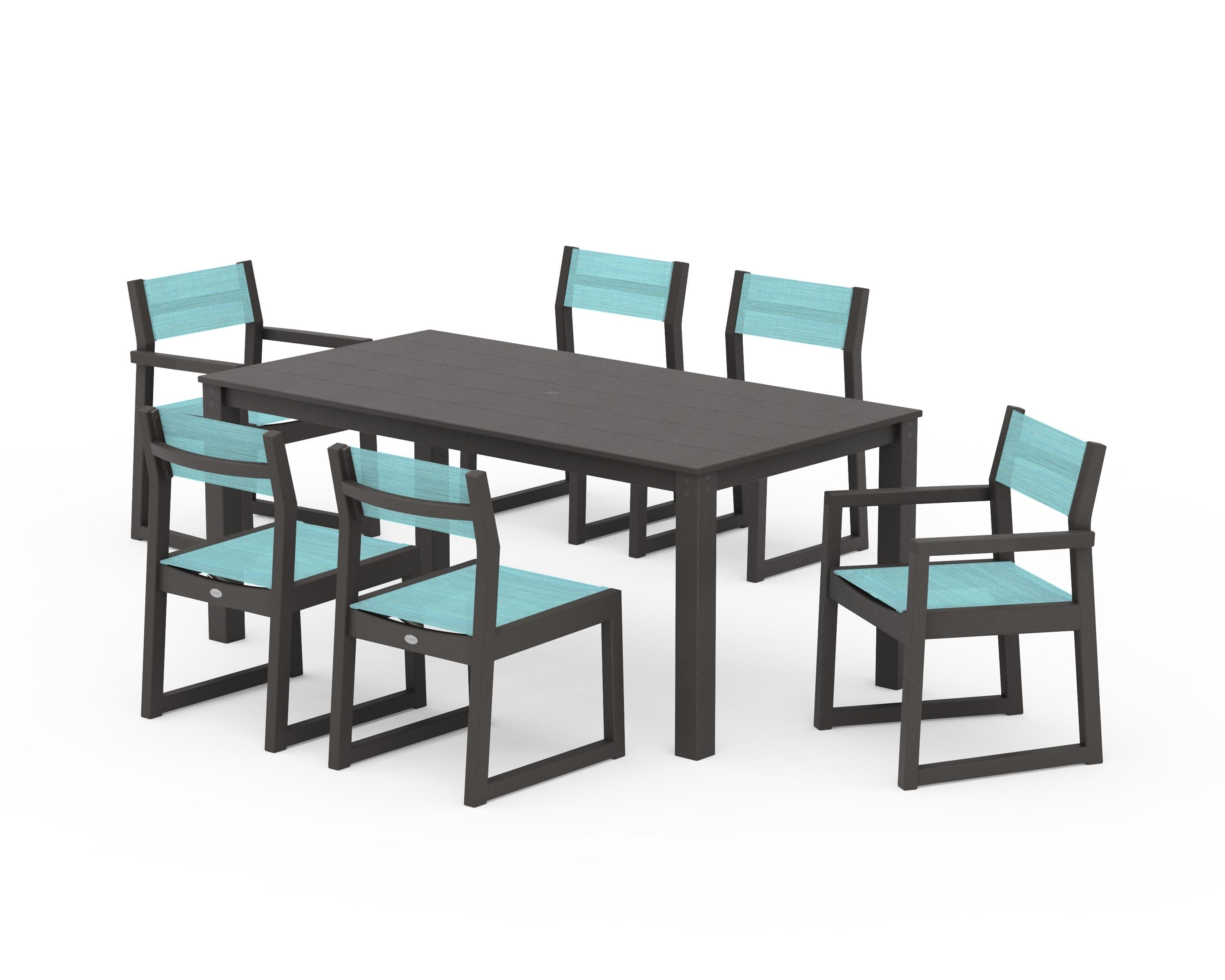 EDGE Sling 7-Piece Parsons Dining Set in Vintage Coffee / Dupioni Aquamarine Sling