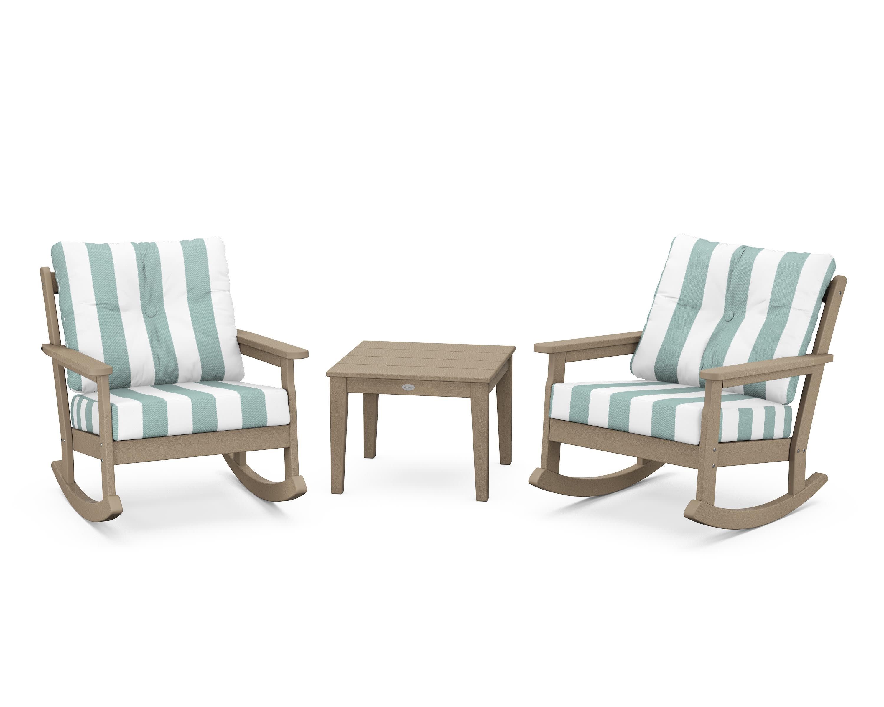 Vineyard 3-Piece Deep Seating Rocker Set in Vintage Sahara / Cabana Stripe Glacier Spa