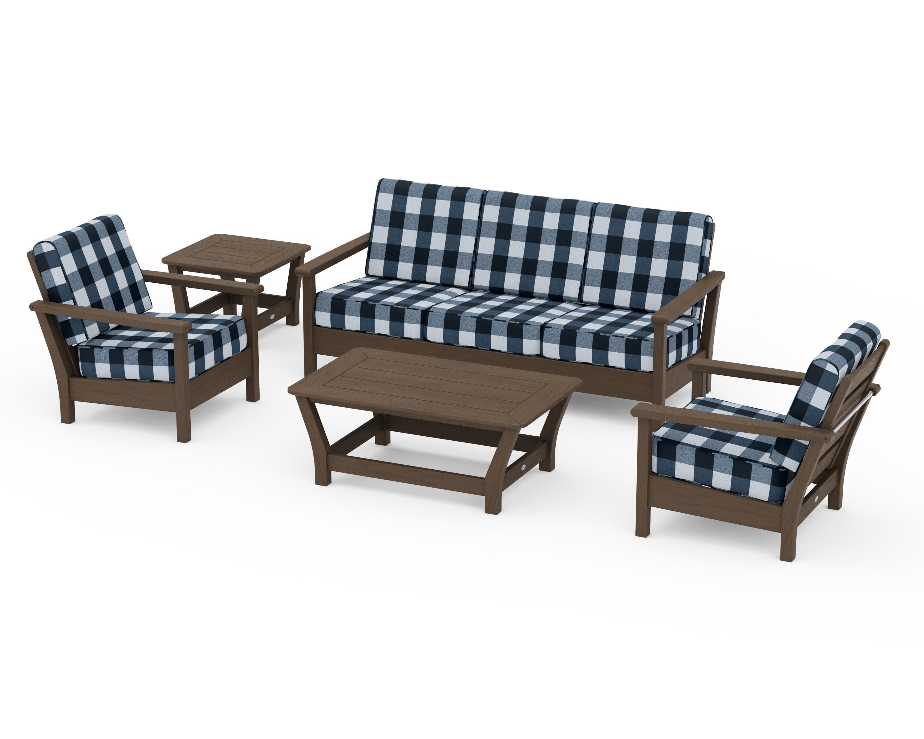 Harbour 5-Piece Deep Seating Set in Kona / Buffalo Plaid Marine Indigo