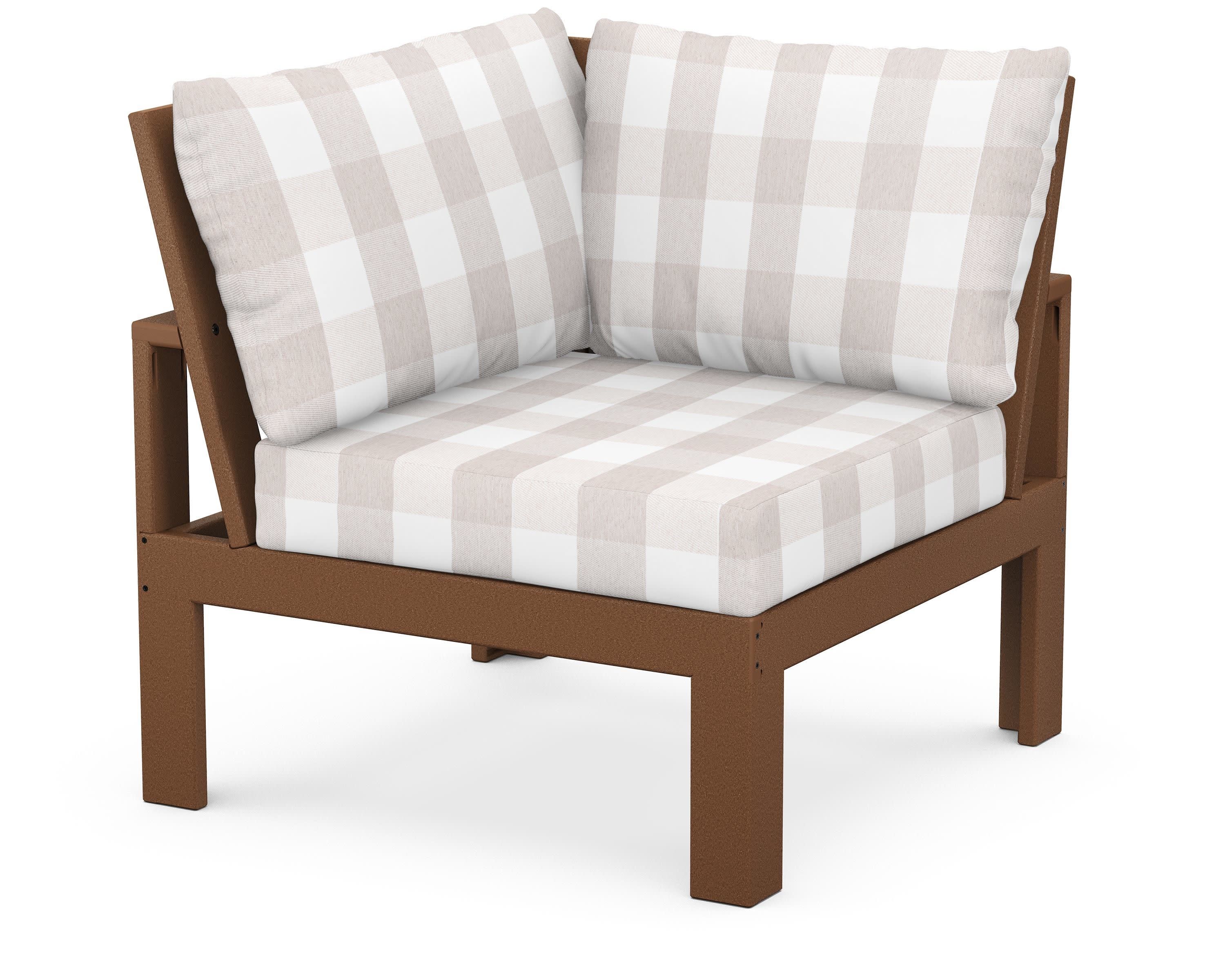 Modular Corner Chair in Teak / Buffalo Plaid Dune Burlap