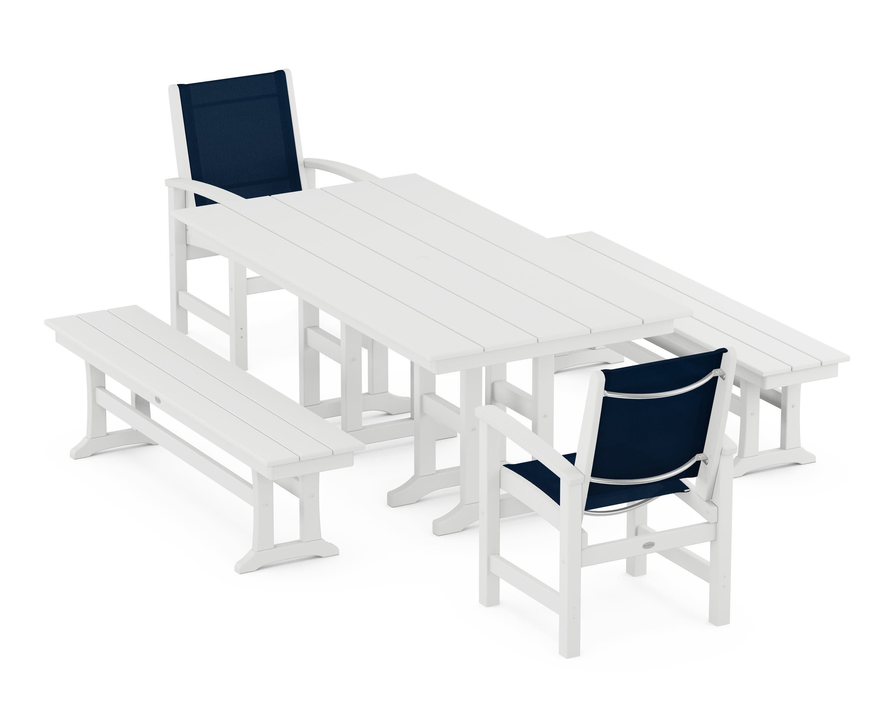 Coastal 5-Piece Farmhouse Dining Set in White / Navy Blue Sling
