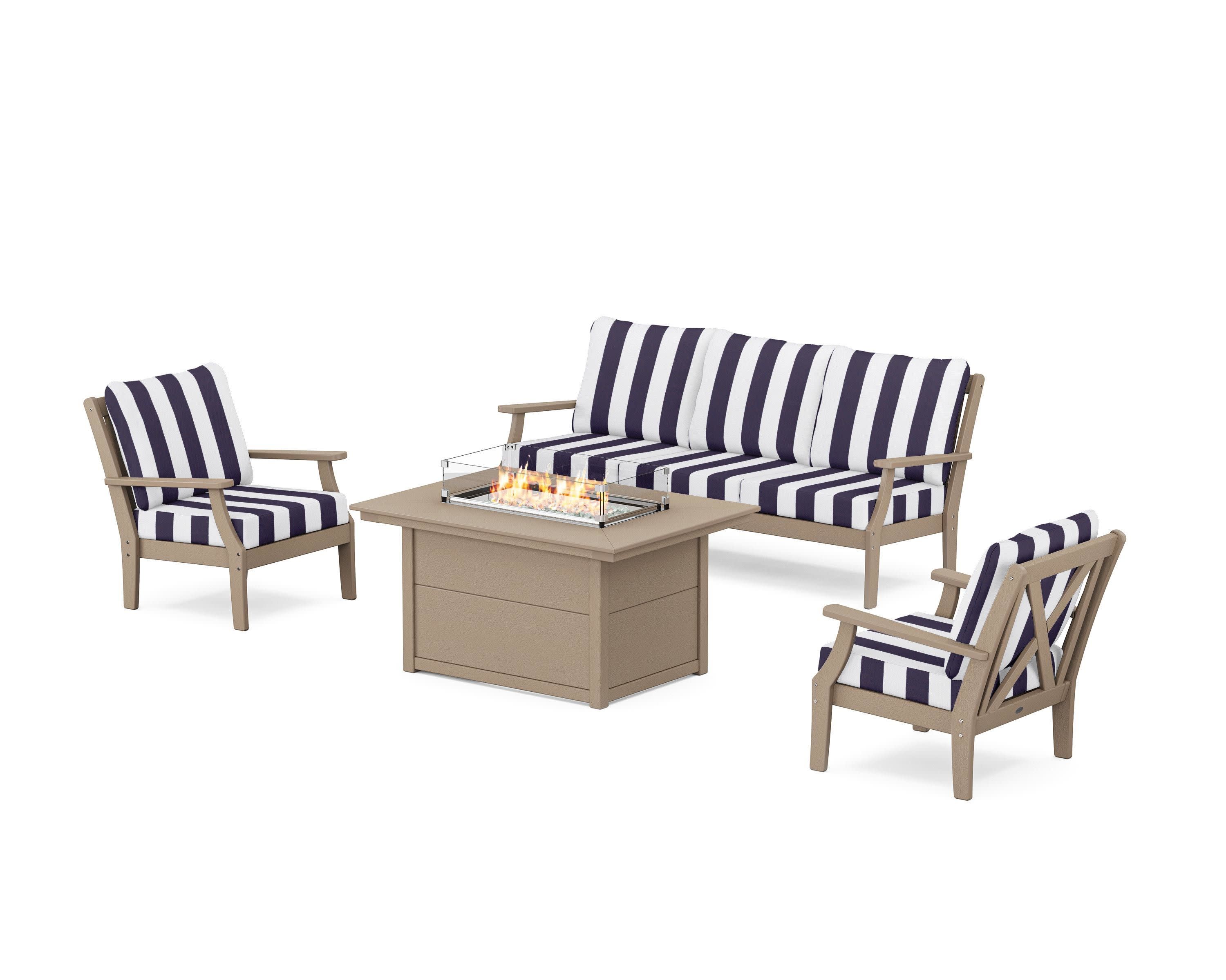 Braxton Deep Seating Fire Pit Table Set in Vintage Sahara / Cabana Stripe Navy