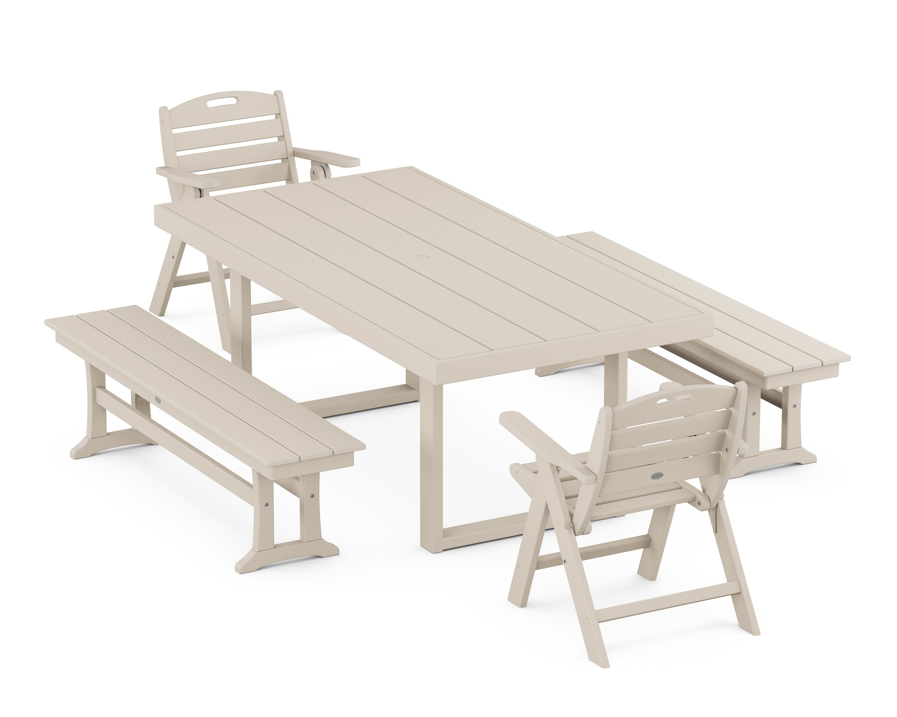 Nautical Lowback 5-Piece Dining Set with Benches in Sand