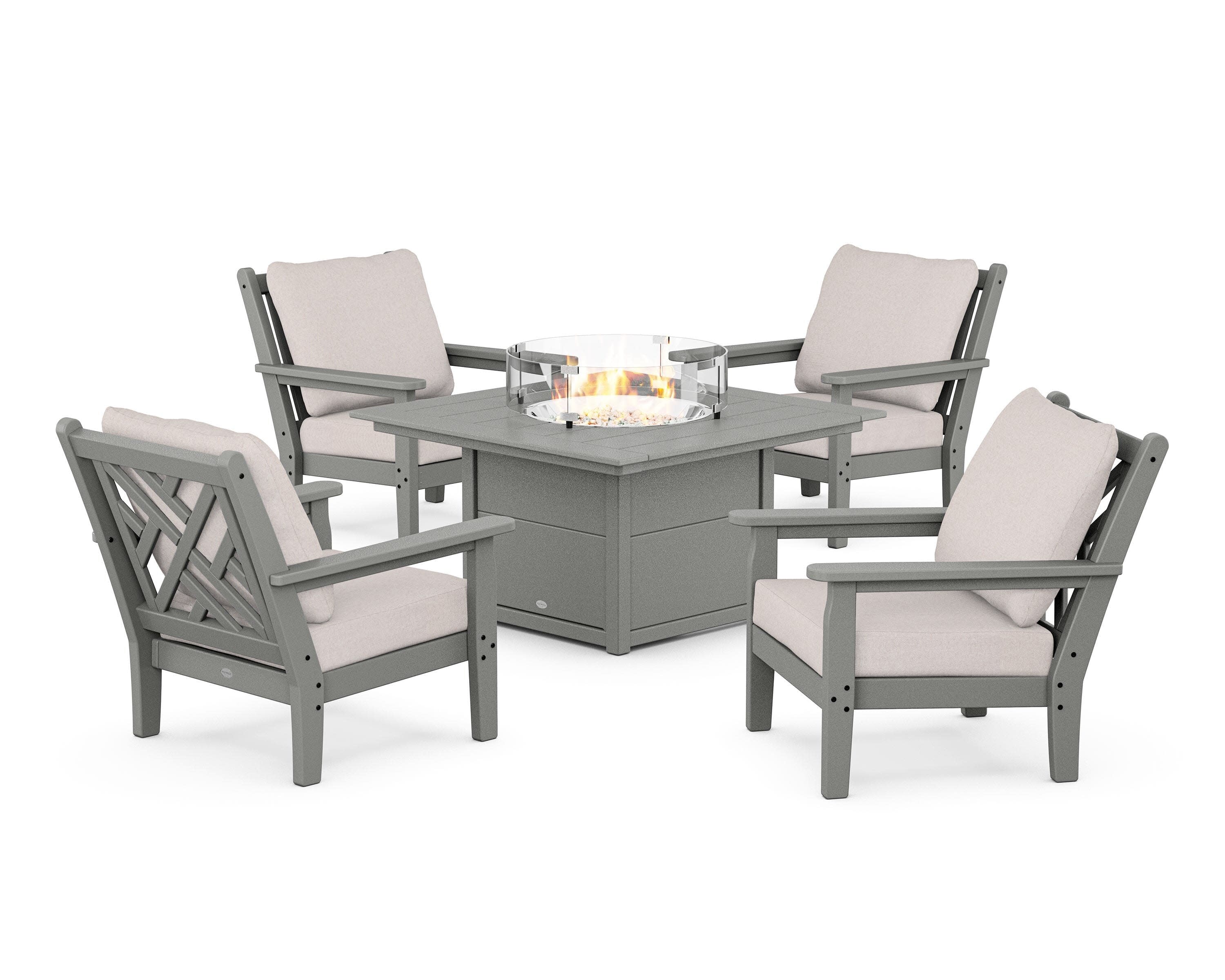 Chippendale 5-Piece Deep Seating Set with Fire Pit Table in Slate Grey / Dune Burlap