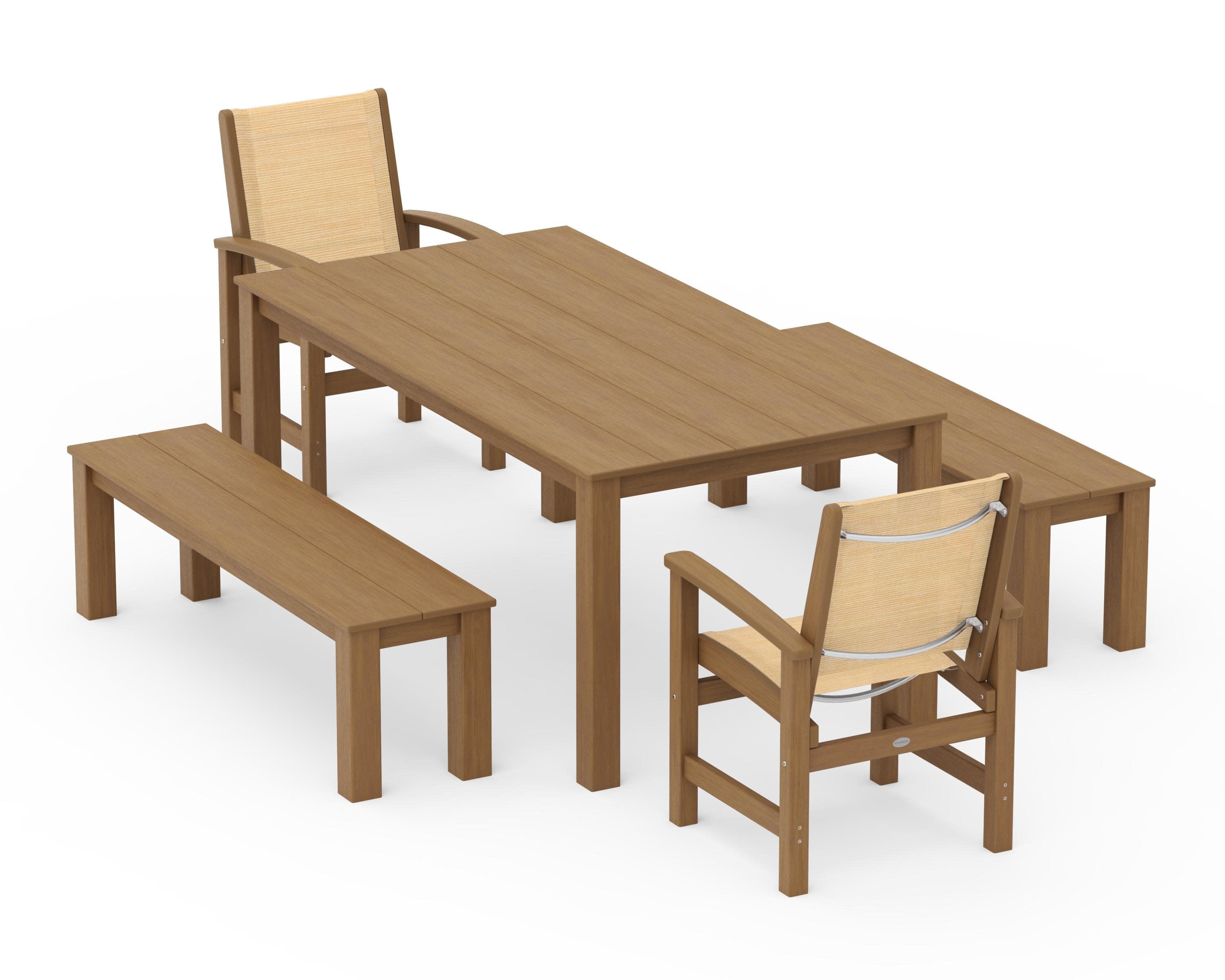 Coastal 5-Piece Parsons Dining Set with Benches in Natural / Dupioni Apricot Sling