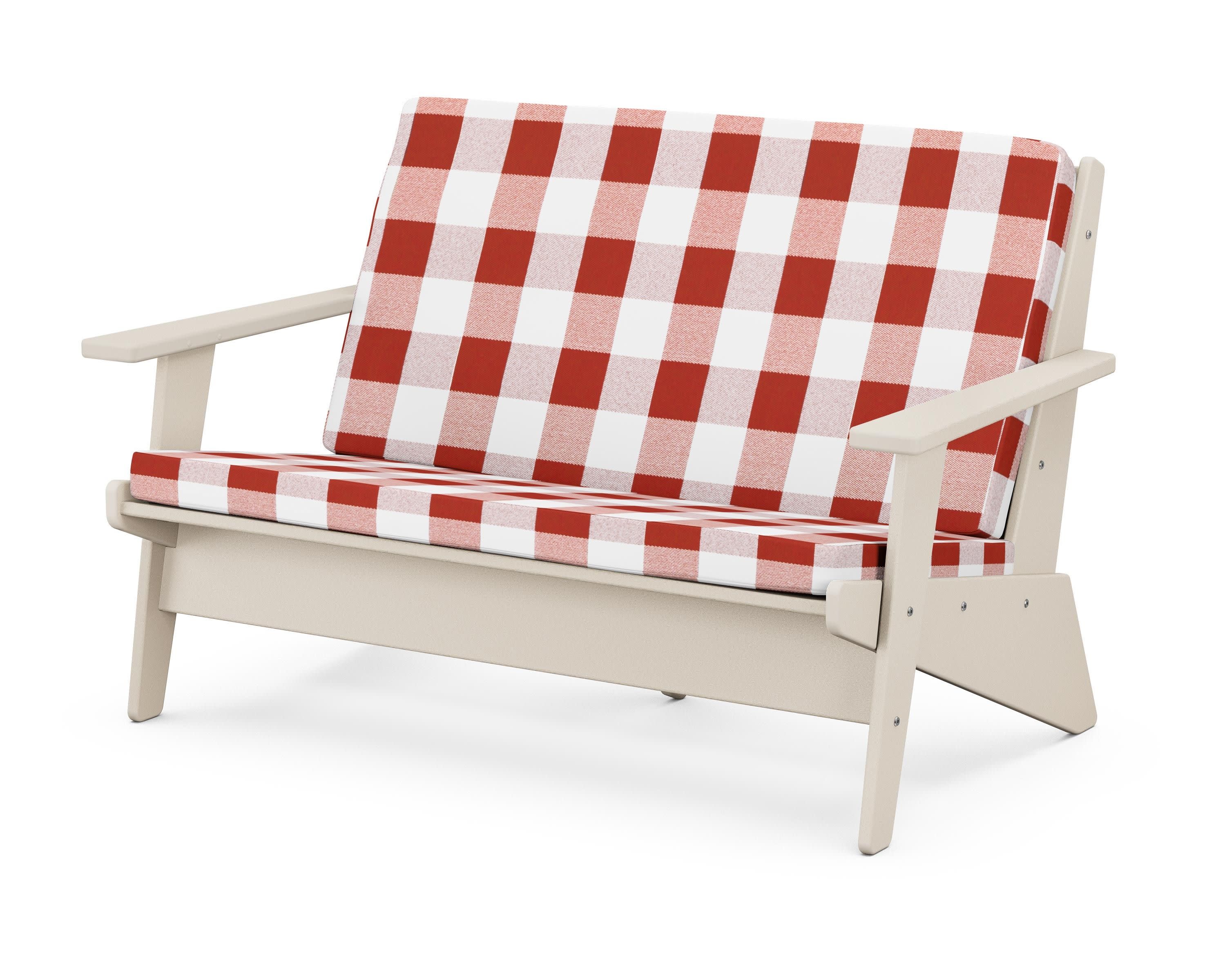 Riviera Modern Lounge Loveseat in Sand / Buffalo Plaid Crimson