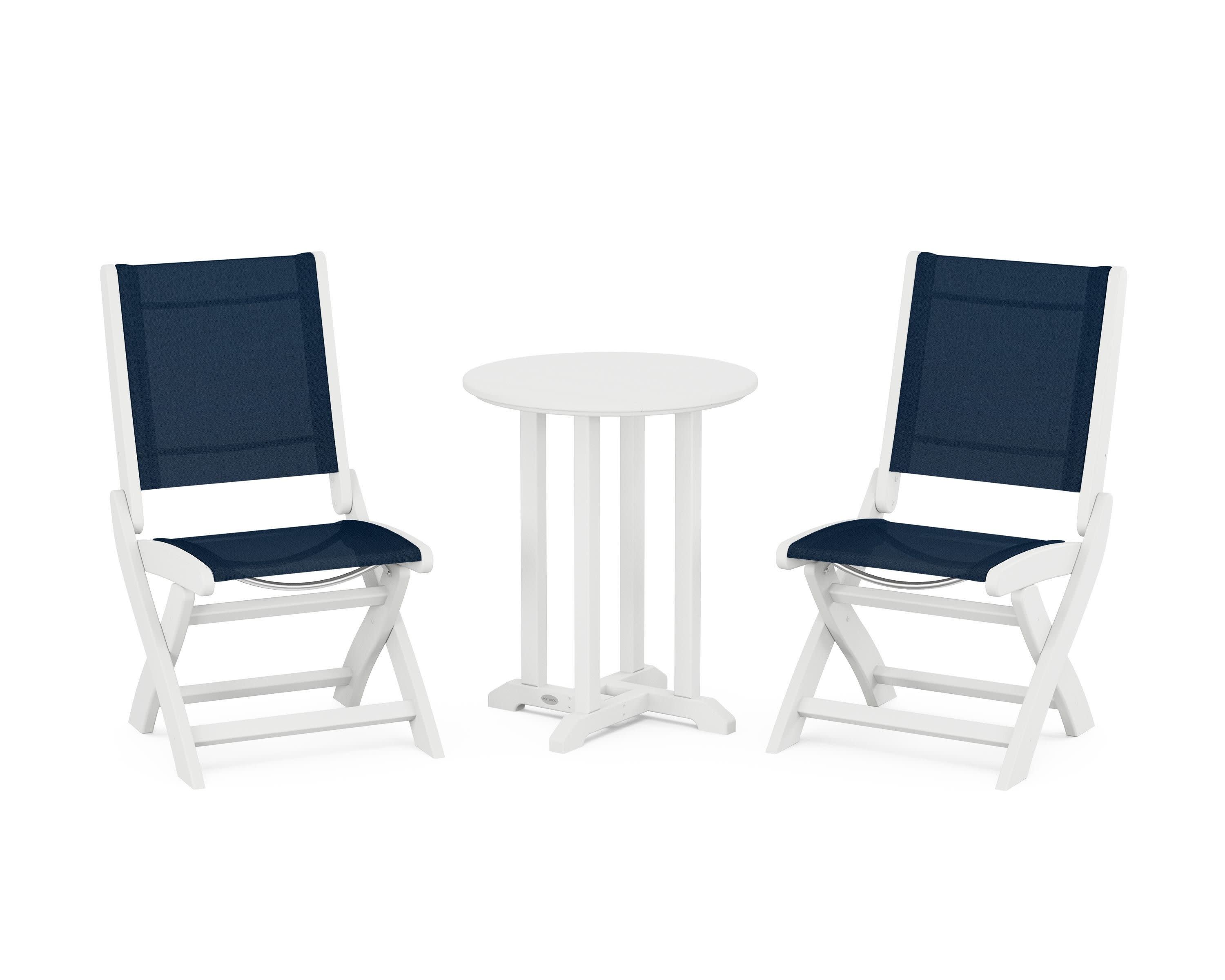 Coastal Folding Side Chair 3-Piece Round Bistro Dining Set in White / Navy Blue Sling