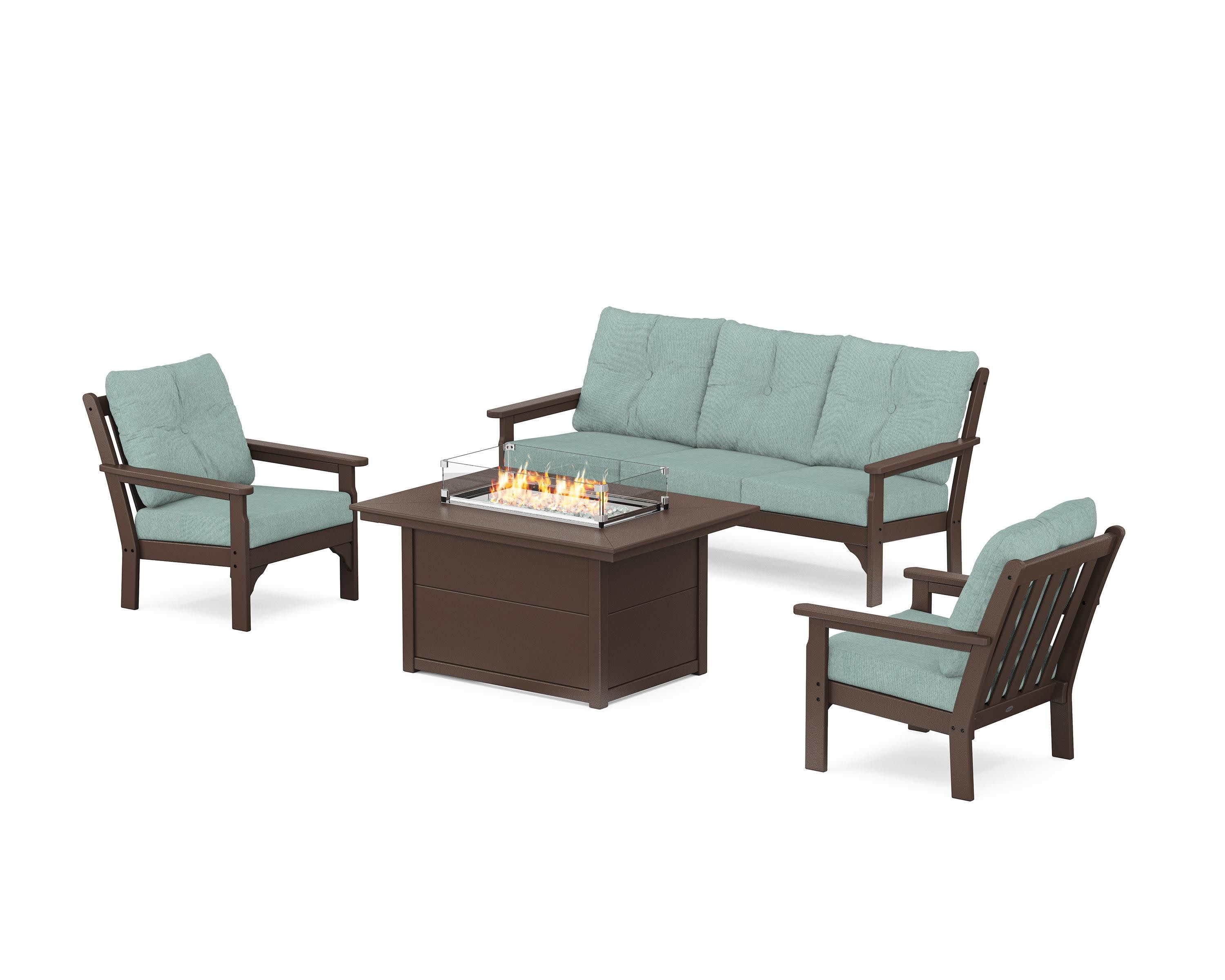 Vineyard Deep Seating Fire Pit Table Set in Mahogany / Glacier Spa