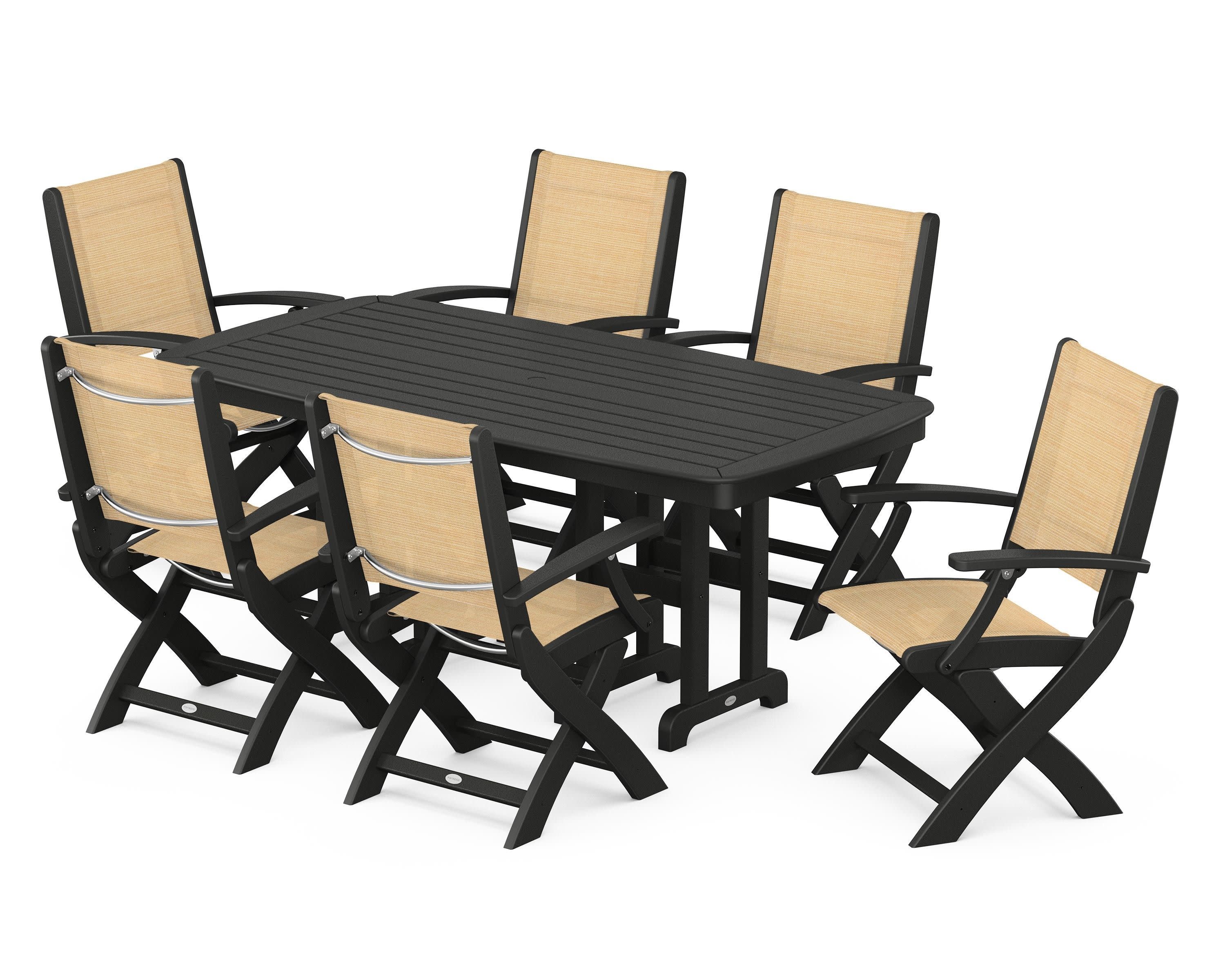 Coastal Folding Arm Chair 7-Piece Dining Set in Black / Dupioni Apricot Sling