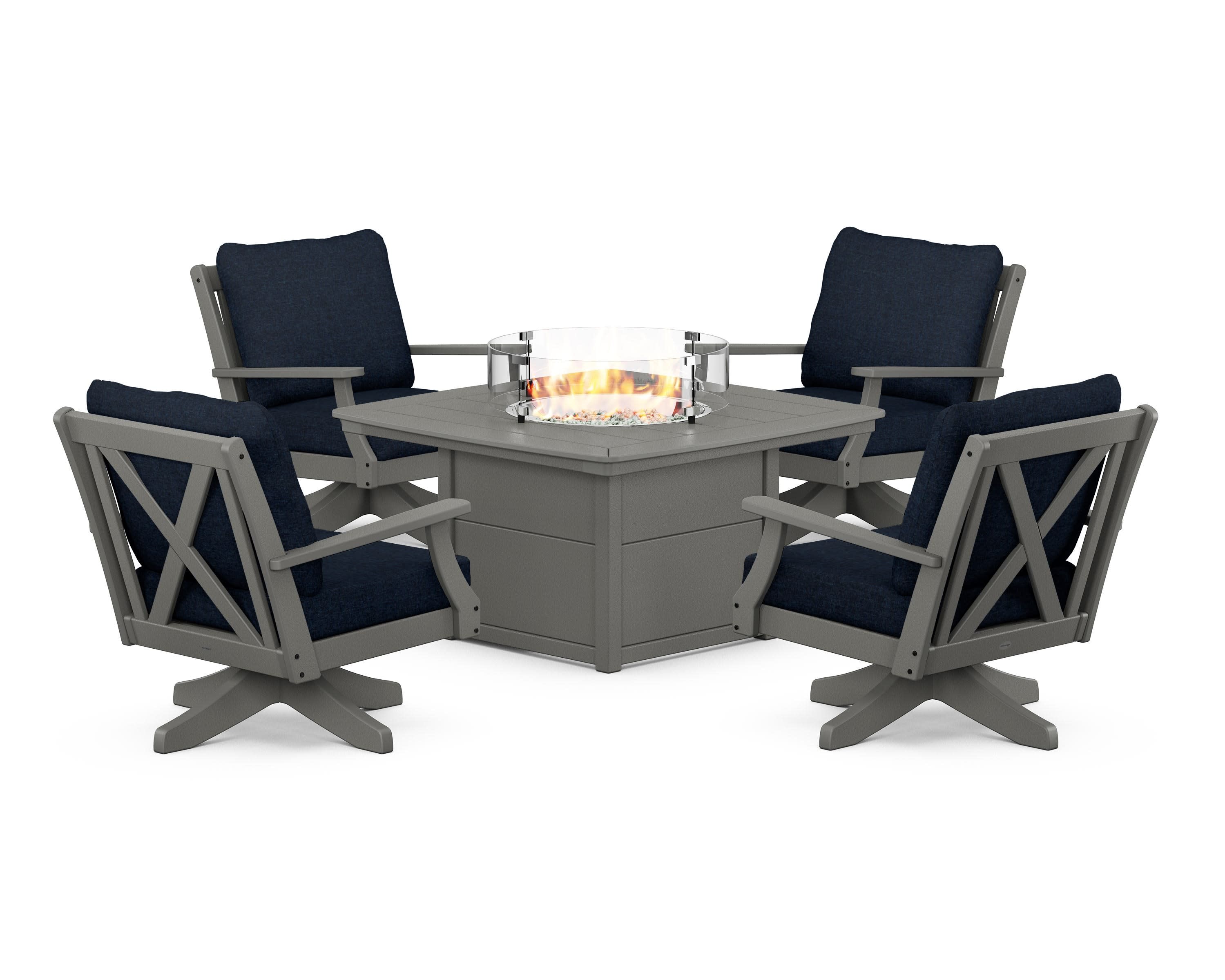 Braxton 5-Piece Deep Seating Swivel Conversation Set with Fire Pit Table in Slate Grey / Marine Indigo
