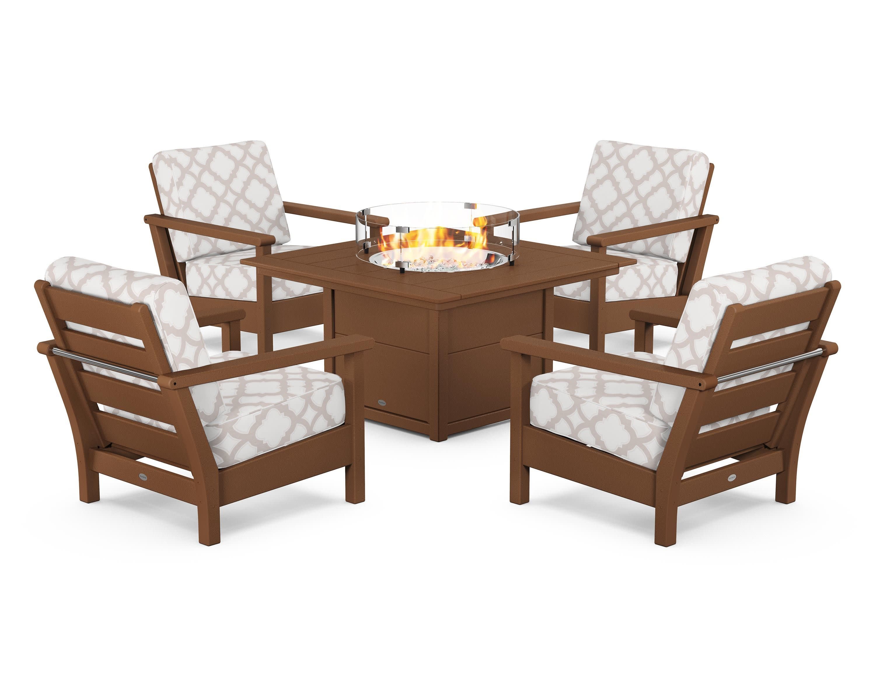 Harbour 5-Piece Conversation Set with Fire Pit Table in Teak / Trellis Dune Burlap