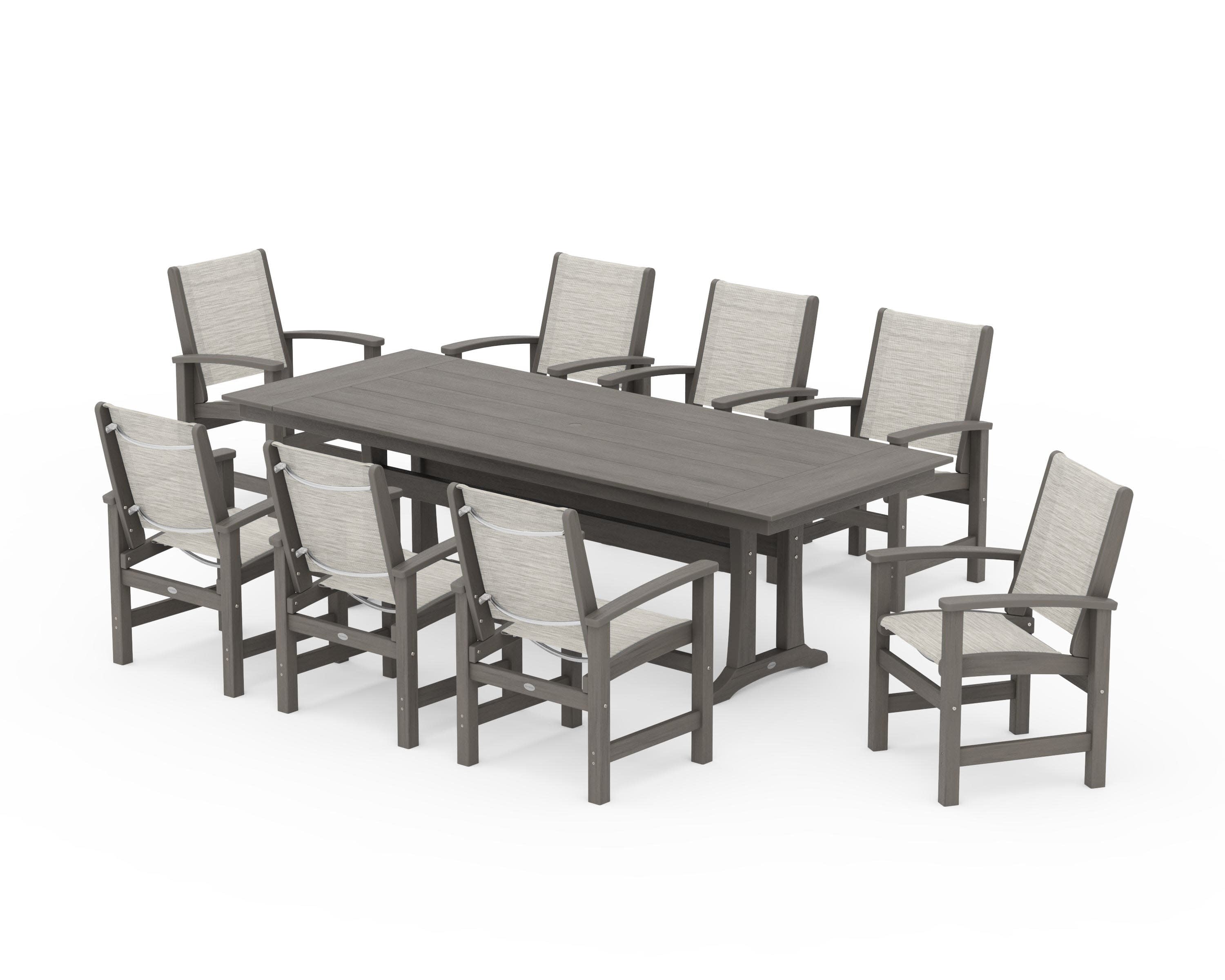 Coastal 9-Piece Farmhouse Dining Set with Trestle Legs in Driftwood / Birch Sling