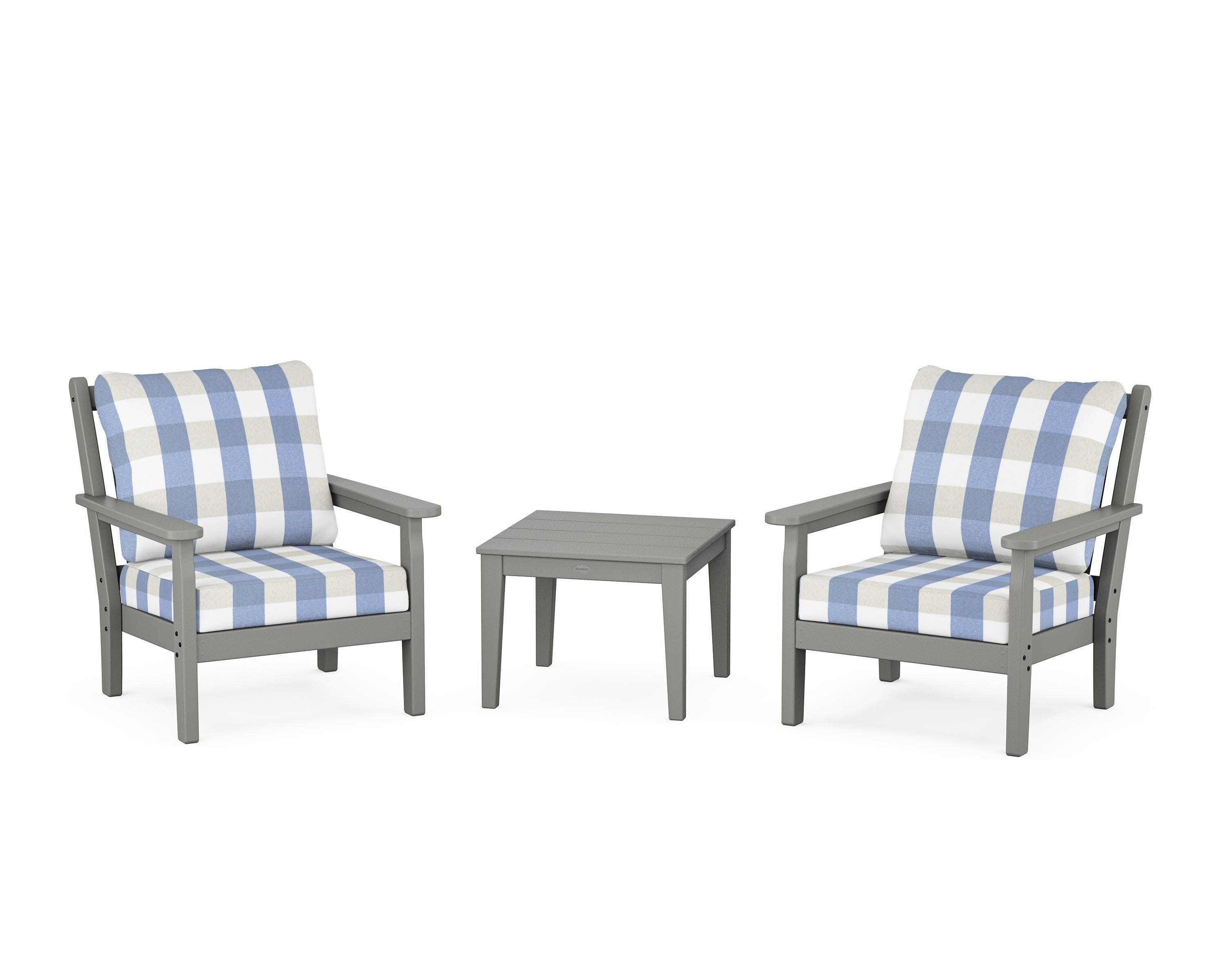 Chippendale 3-Piece Deep Seating Set in Slate Grey / Buffalo Plaid Sky Blue
