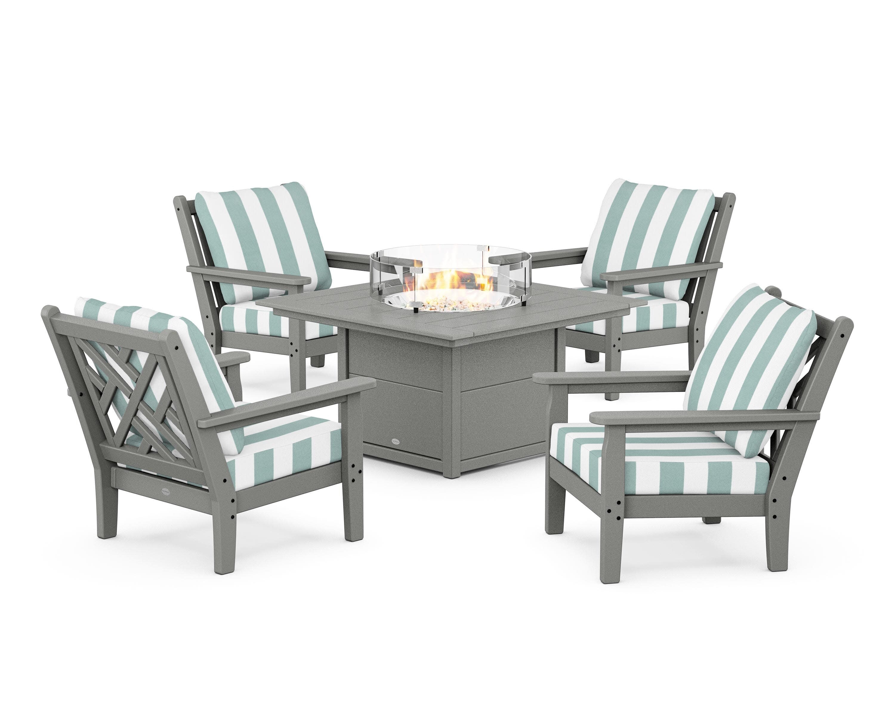 Chippendale 5-Piece Deep Seating Set with Fire Pit Table in Slate Grey / Cabana Stripe Glacier Spa