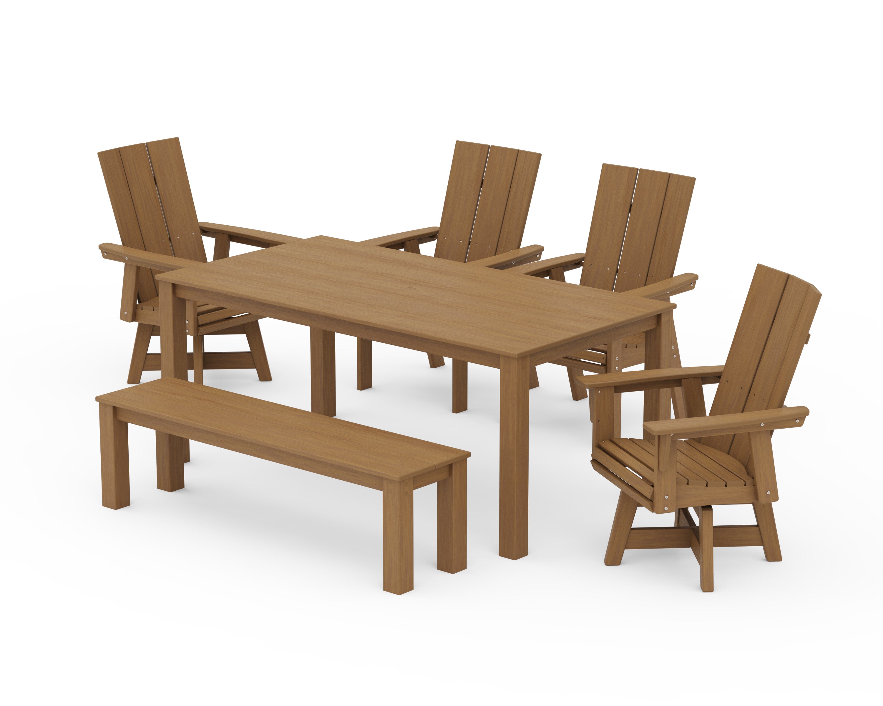 Modern Curveback Adirondack 6-Piece Parsons Swivel Dining Set with Bench in Natural