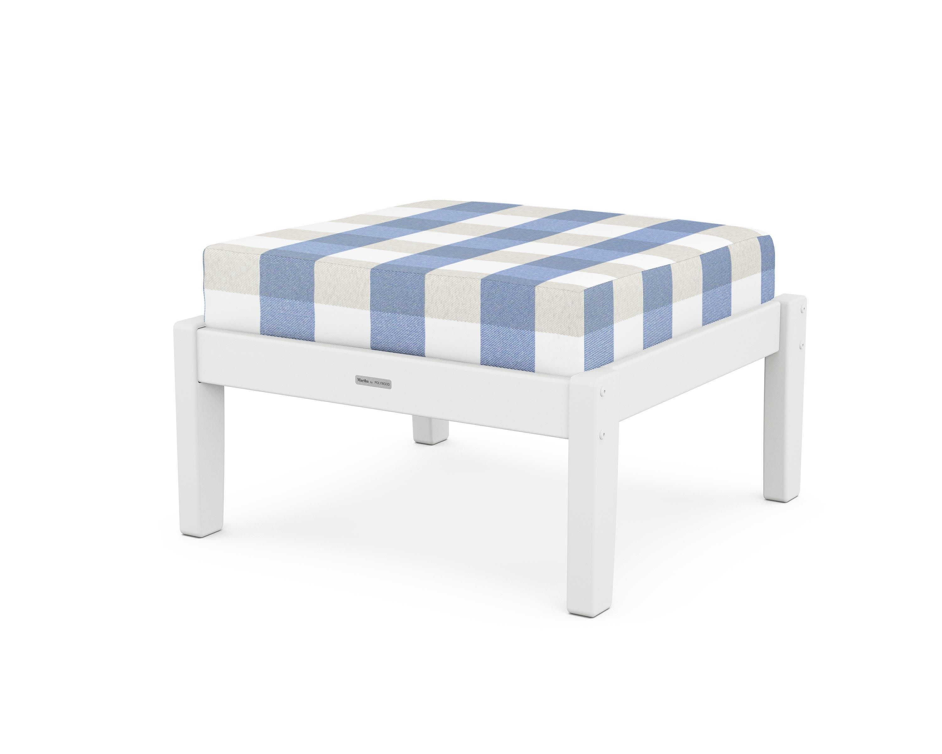 Chinoiserie Deep Seating Ottoman in White / Buffalo Plaid Sky Blue