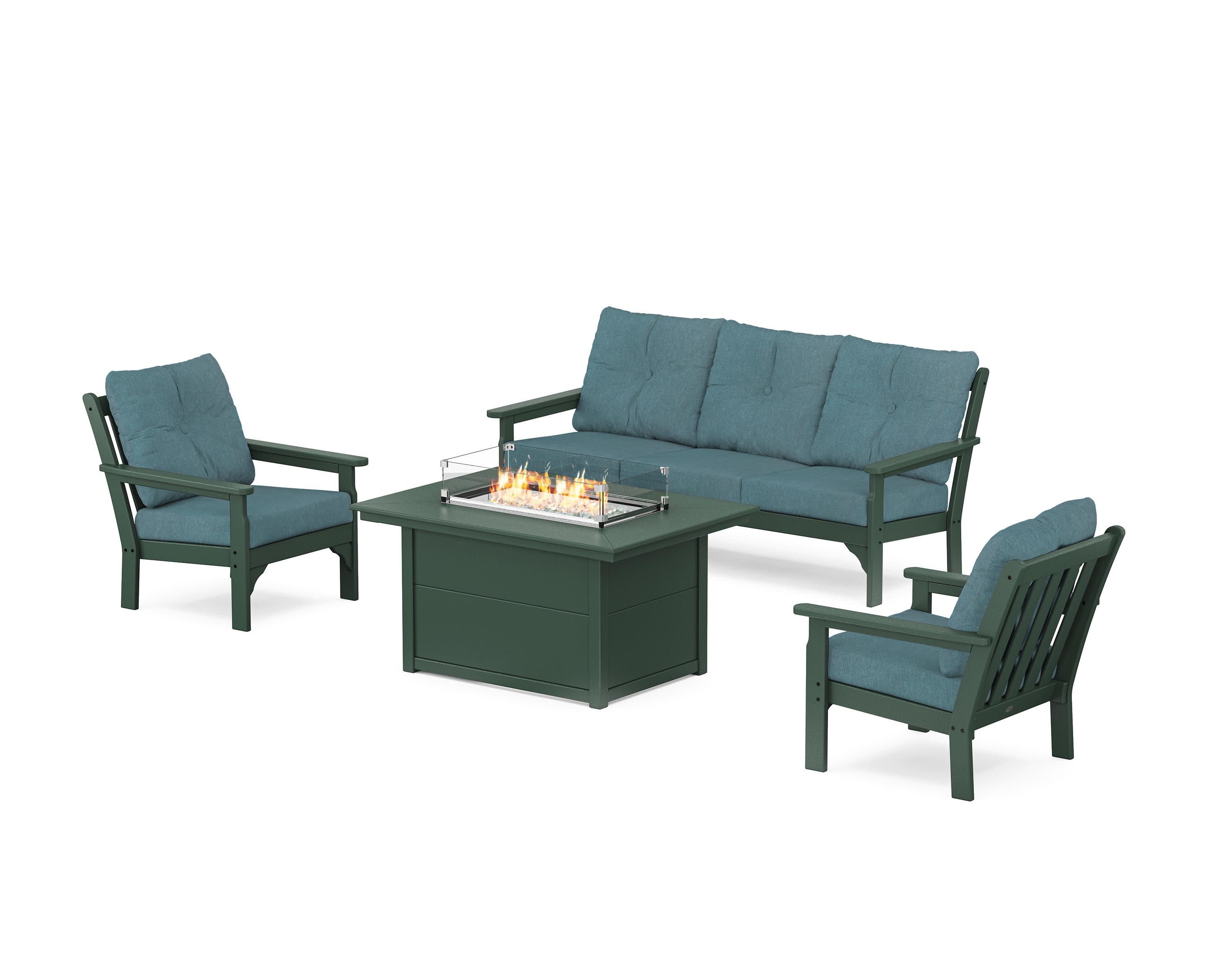 Vineyard Deep Seating Fire Pit Table Set in Green / Ocean Teal