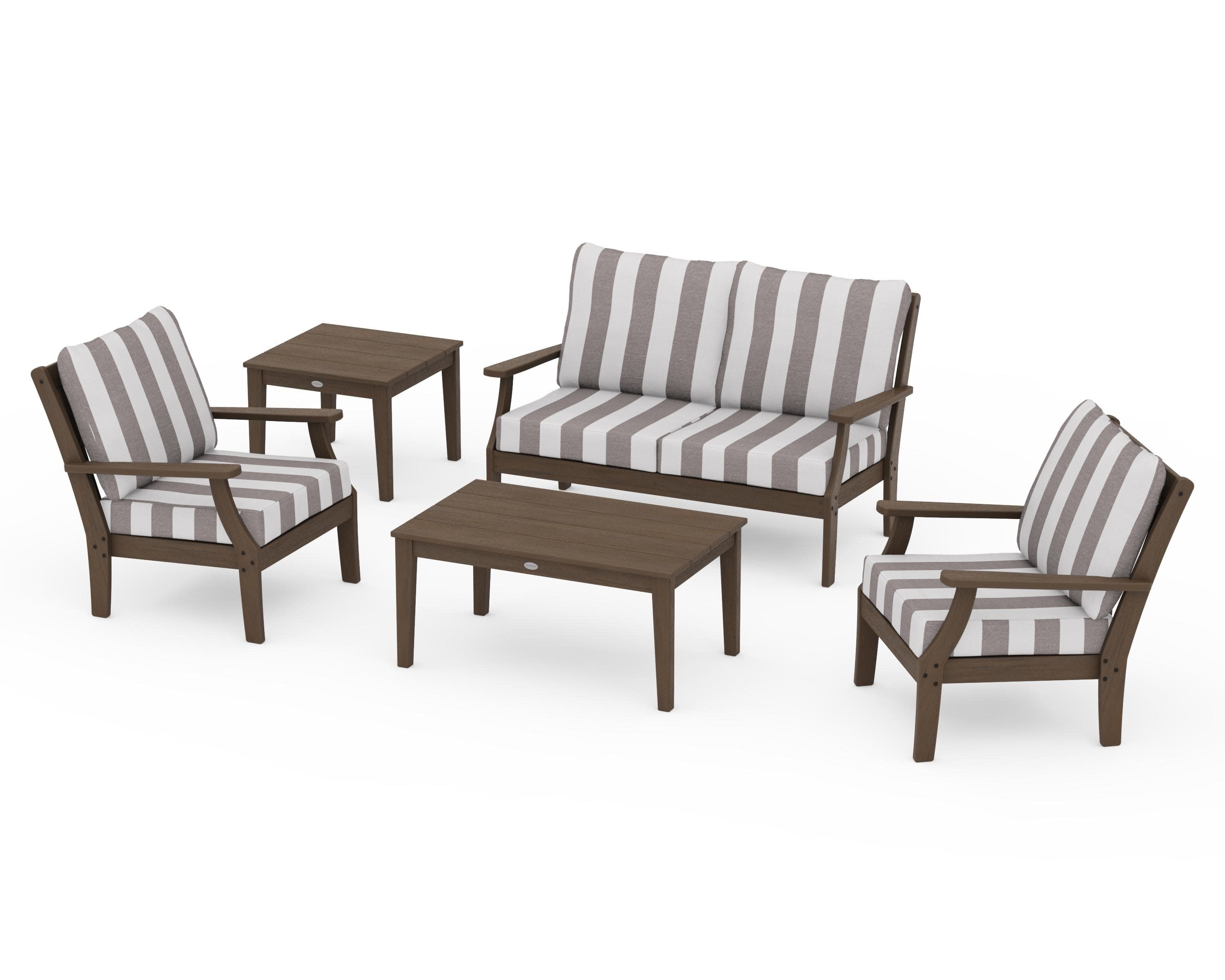 Braxton 5-Piece Deep Seating Set in Kona / Cabana Stripe Grey Mist