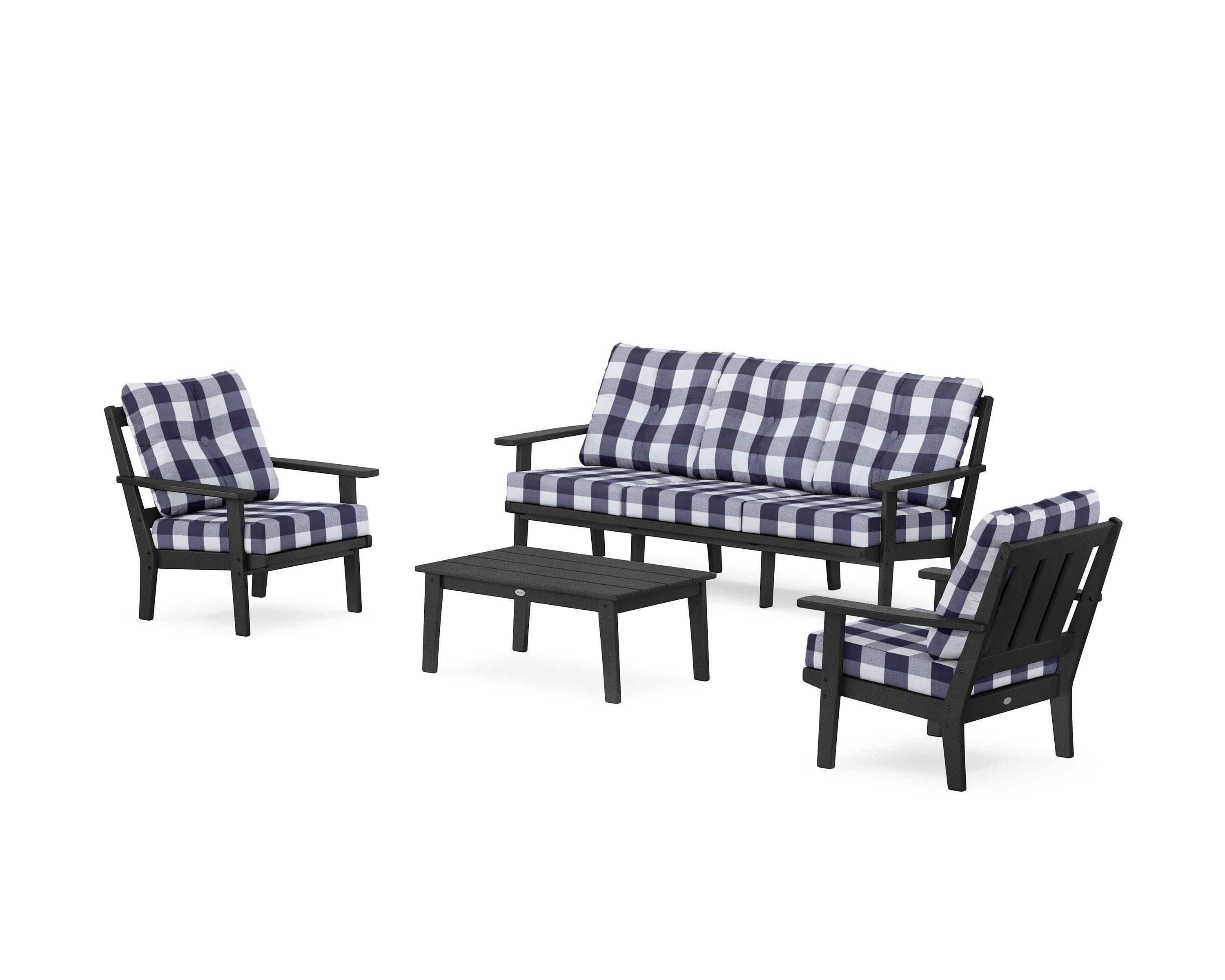 Oxford 4-Piece Deep Seating Set with Sofa in Black / Buffalo Plaid Navy