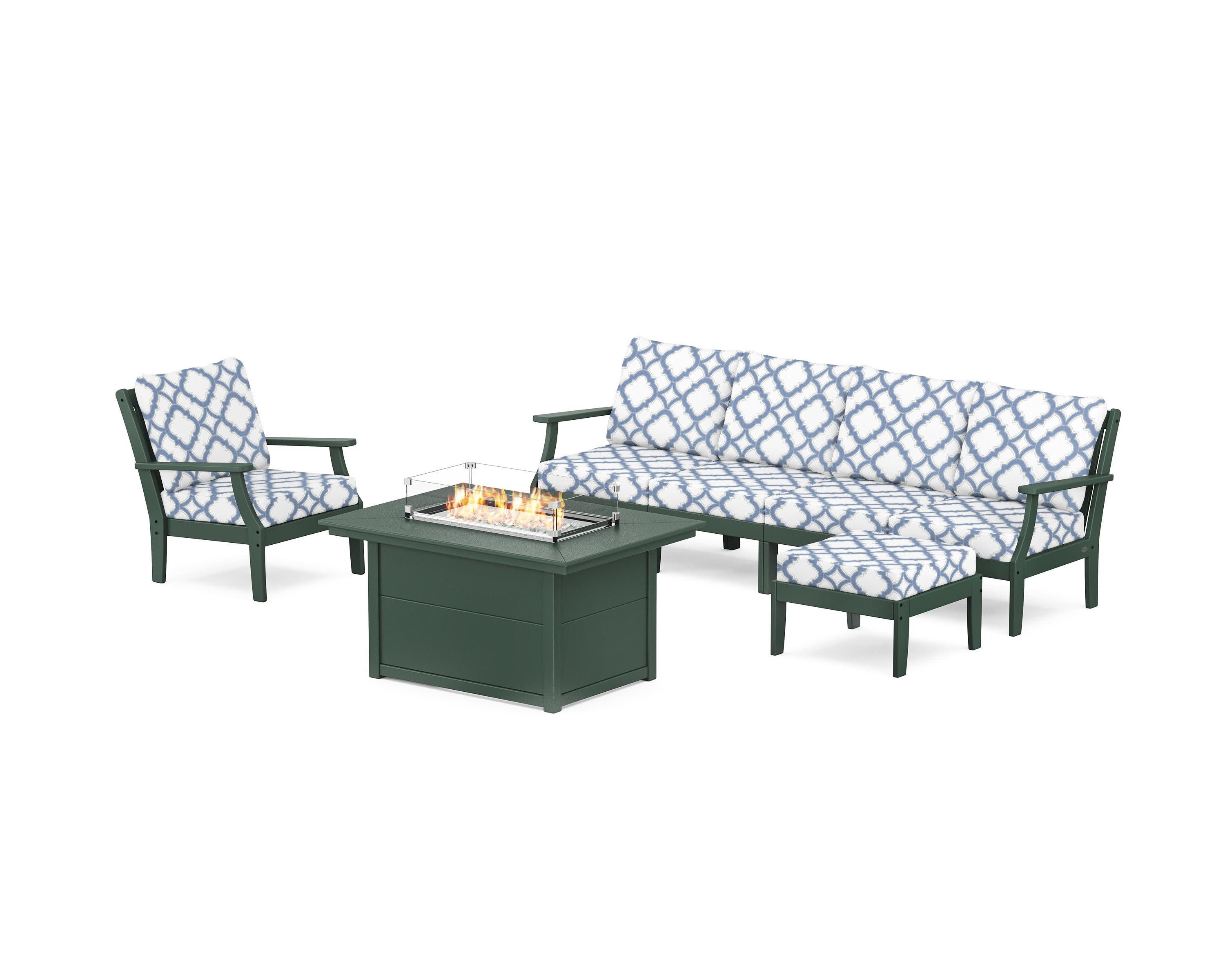 Braxton Sectional Lounge and Fire Pit Set in Green / Trellis Sky Blue