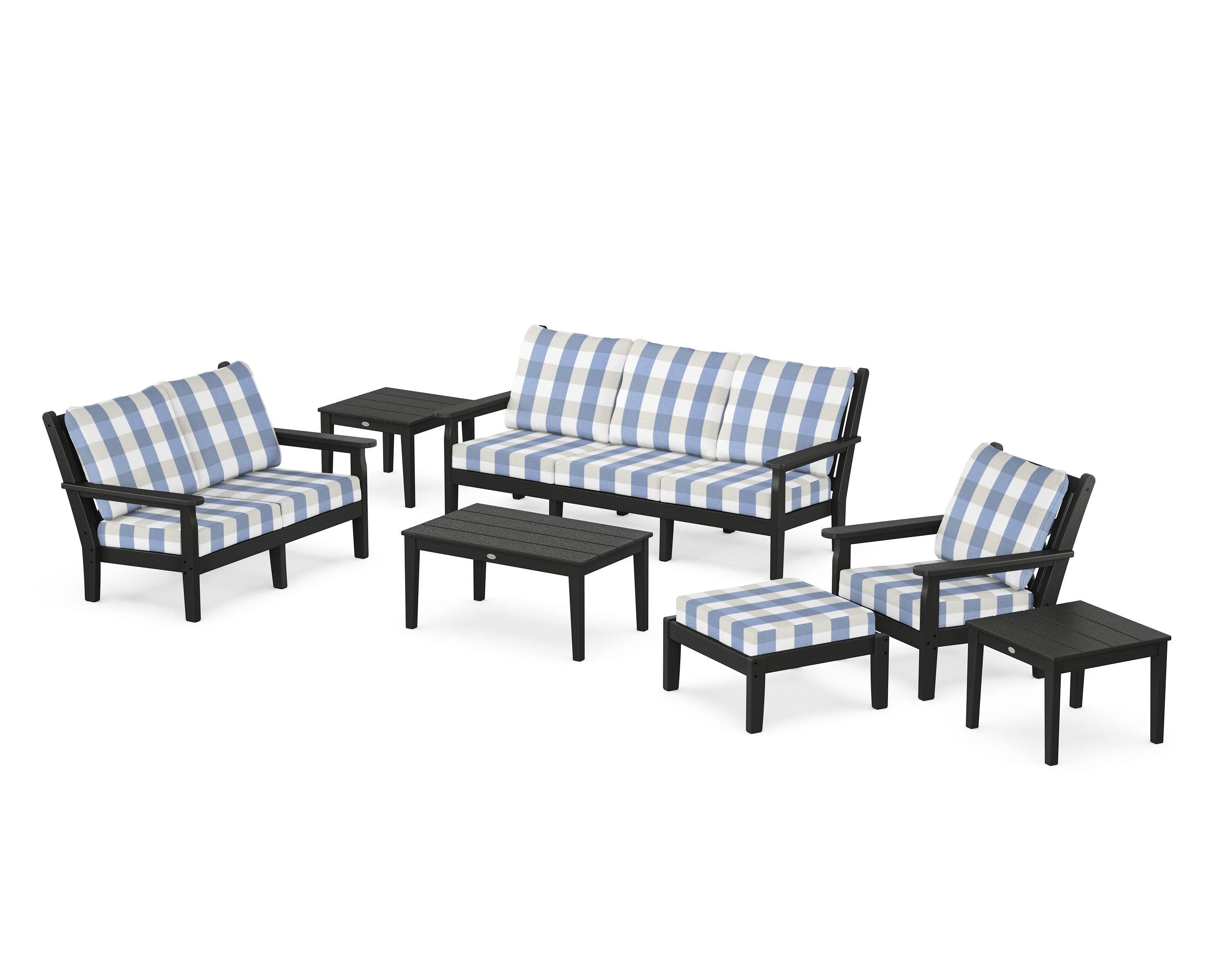 Chippendale 7-Piece Deep Seating Set in Black / Buffalo Plaid Sky Blue
