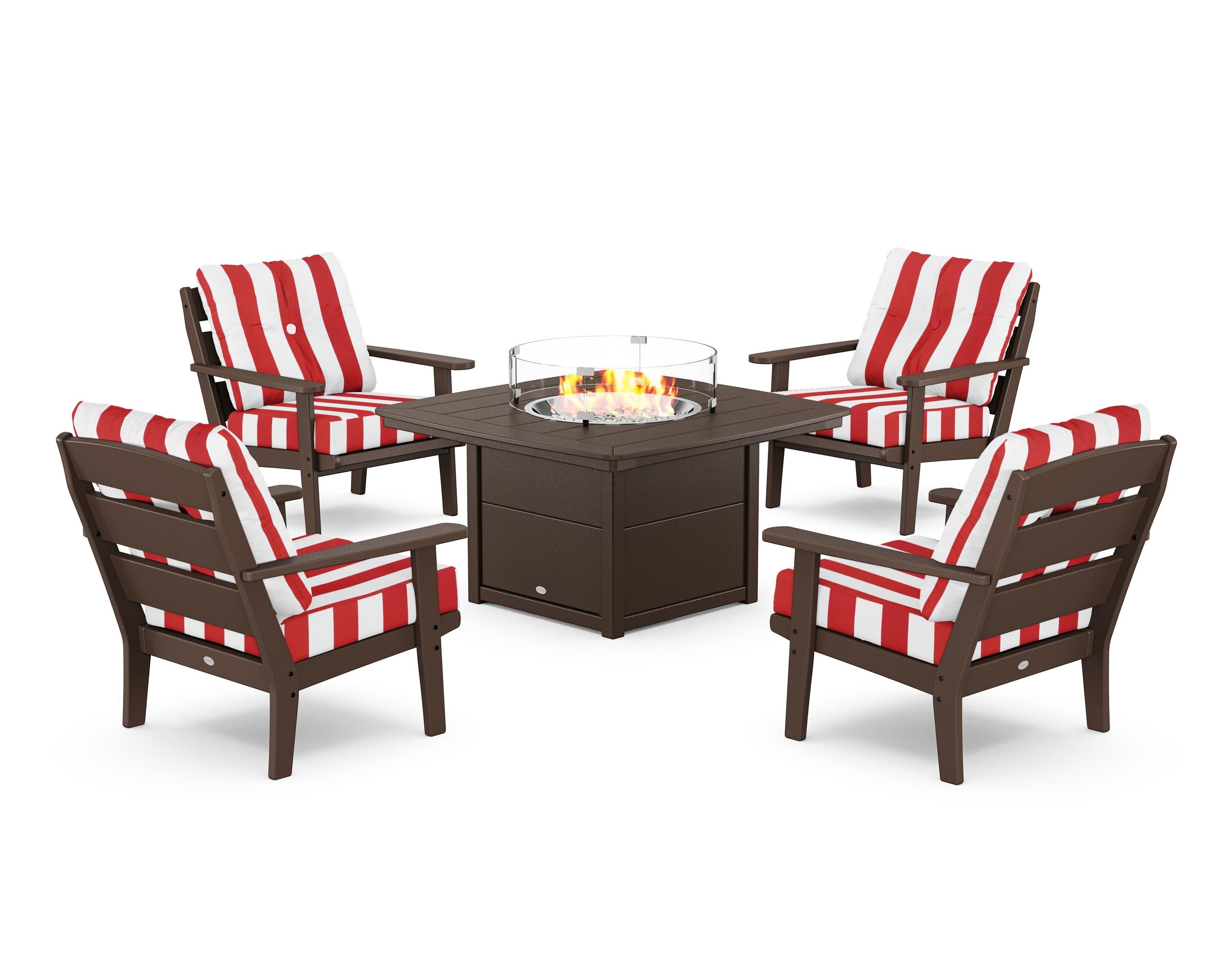 Lakeside 5-Piece Deep Seating Set with Nautical Fire Pit Table in Mahogany / Cabana Stripe Crimson