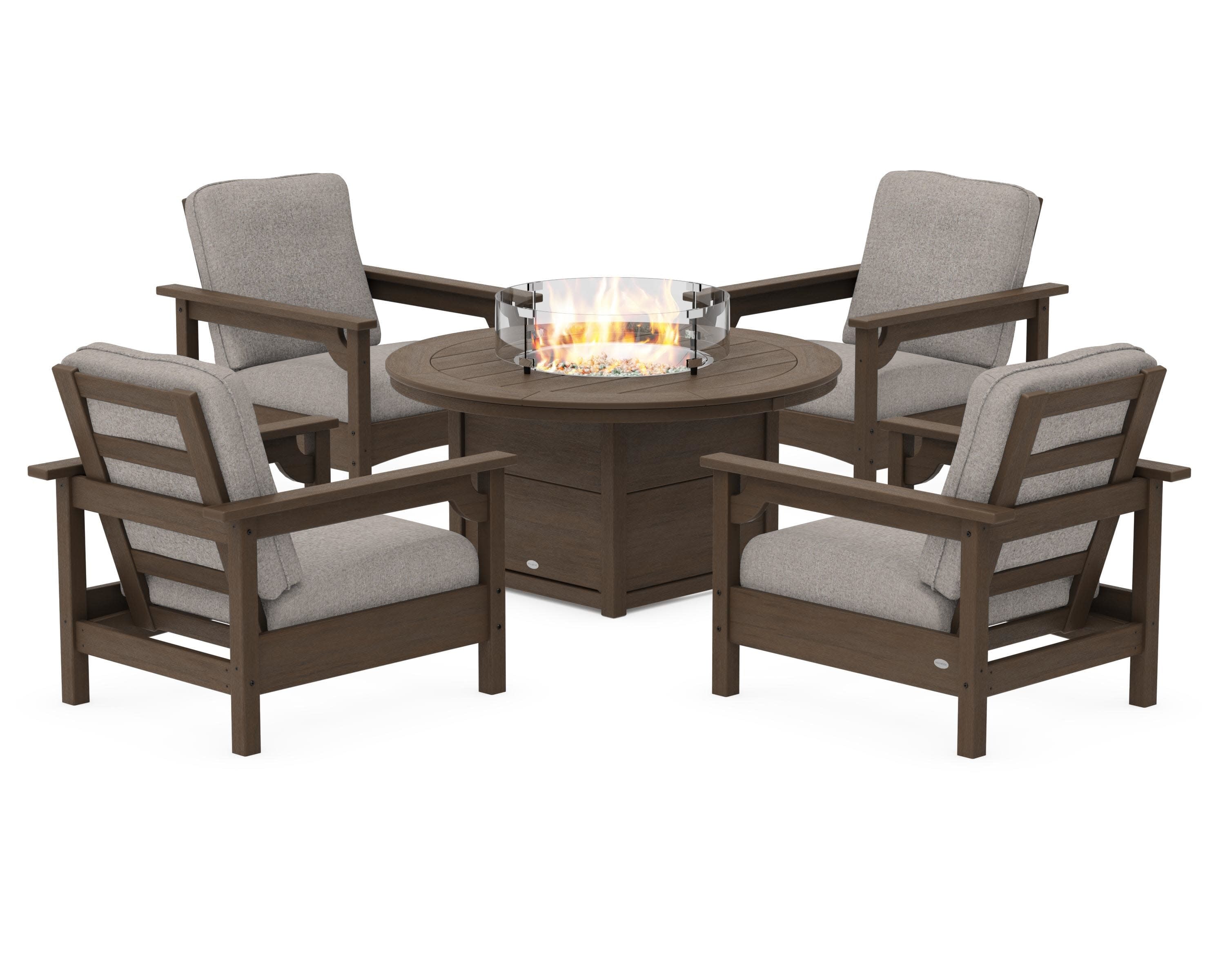 Club 5-Piece Conversation Set with Fire Pit Table in Kona / Weathered Tweed